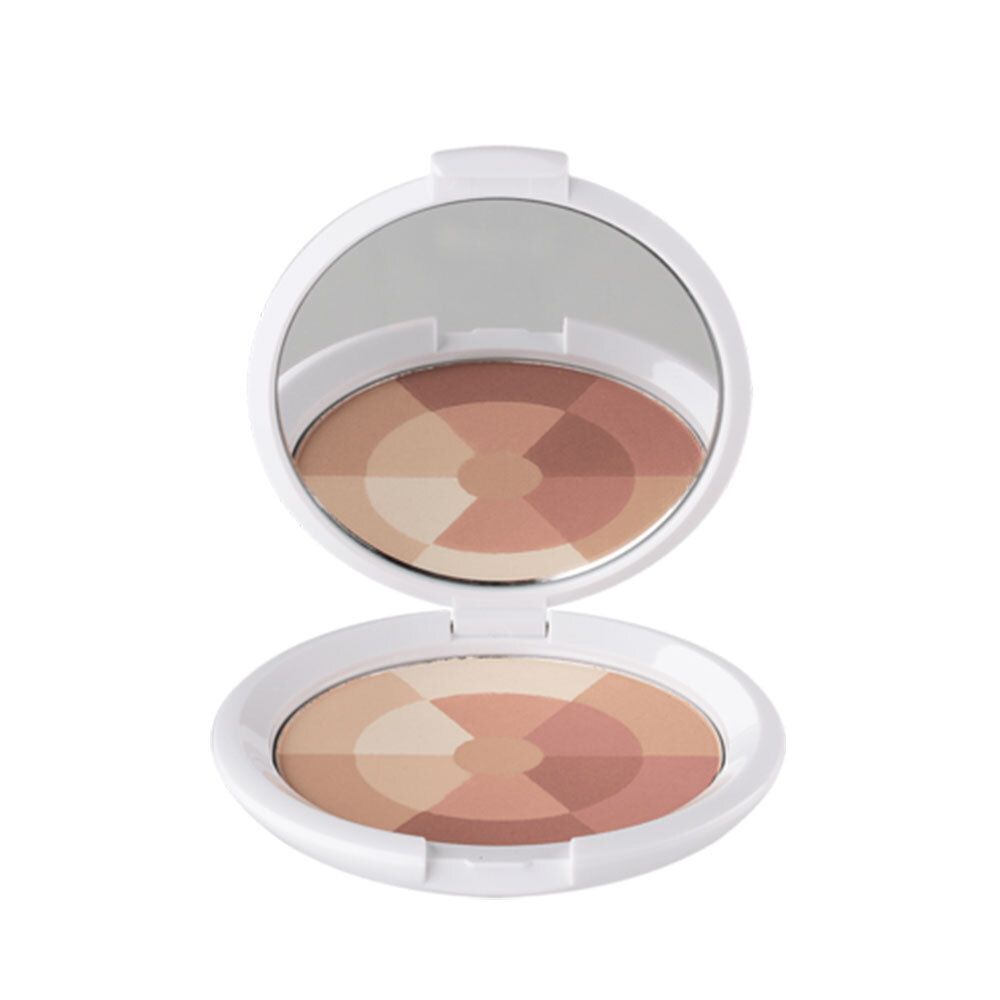 Weißer Kosmetiktiegel mit Spiegel und Puder in verschiedenen Farbtönen.