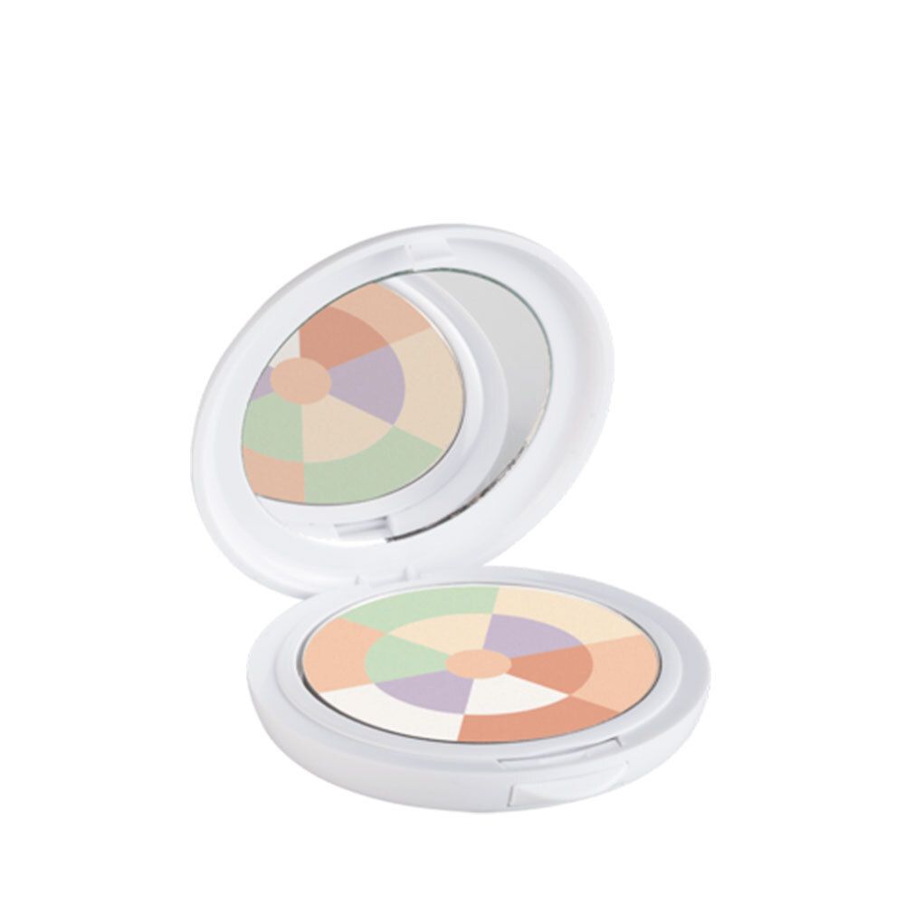 Poudre compacte blanche avec miroir. Poudre multicolore disposée en cercle.