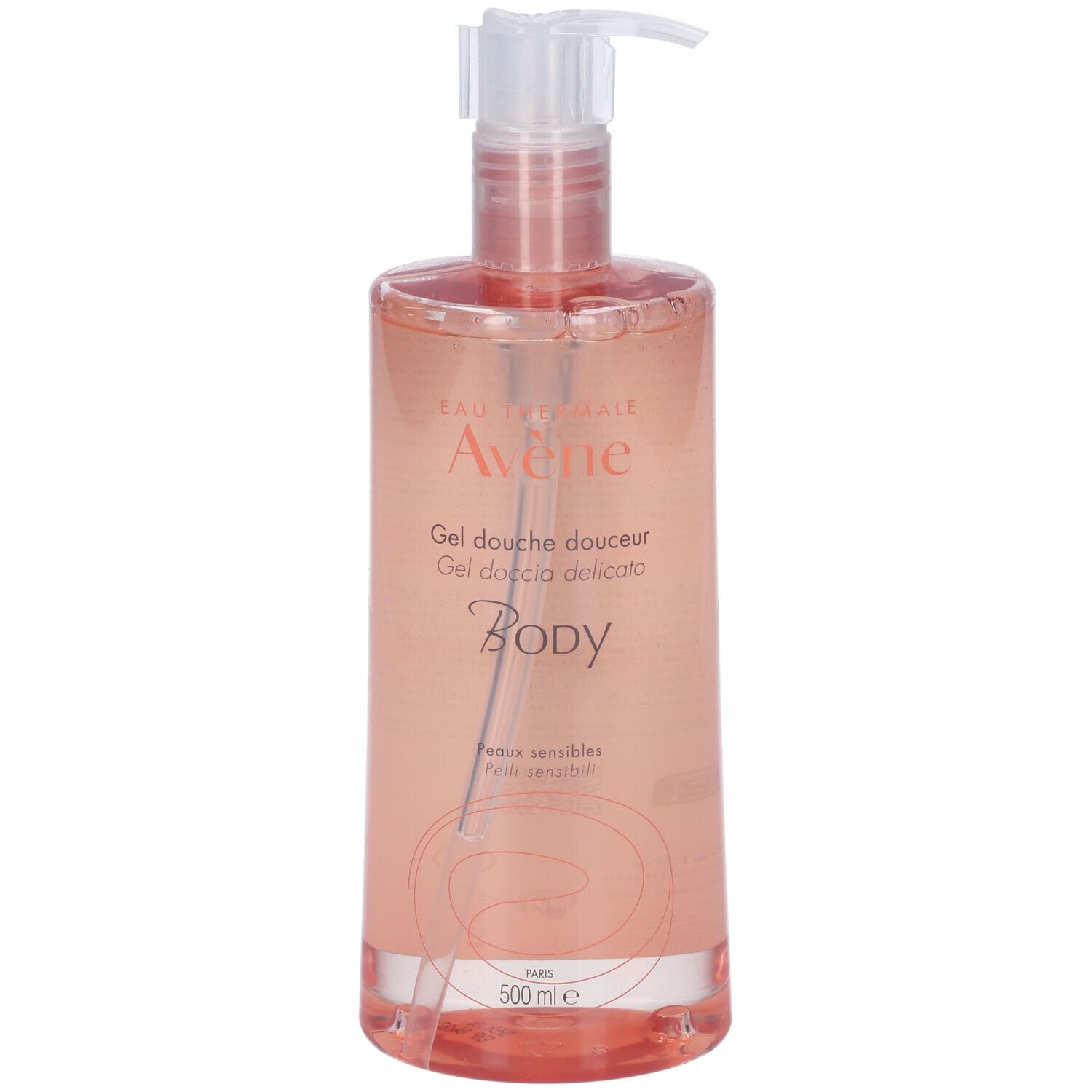 Flacon transparent avec liquide rose. Inscriptions: Avène, Gel douche douceur, Body. Avec pompe doseuse.