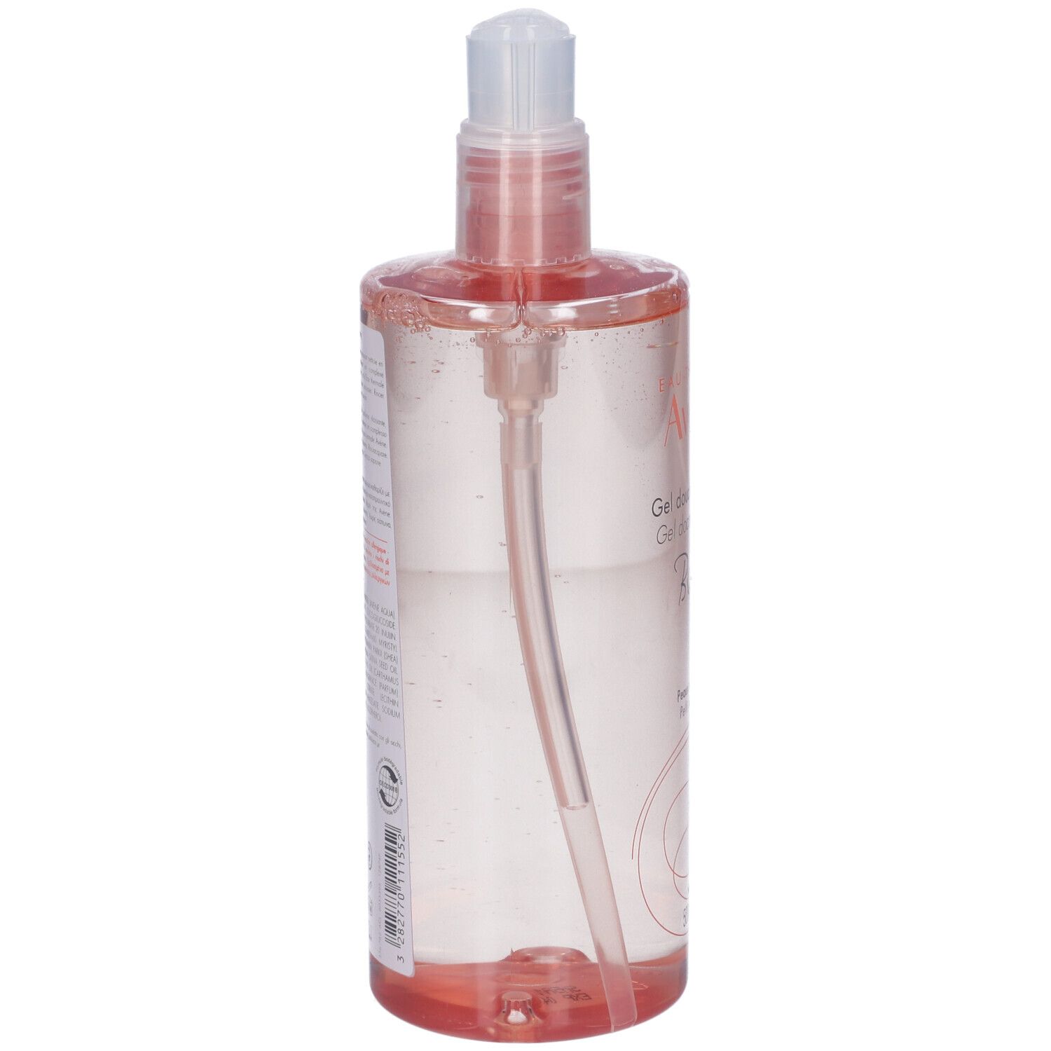 Flacon transparent avec liquide rose. Inscription: Avène. Avec pompe doseuse. Dos avec texte.