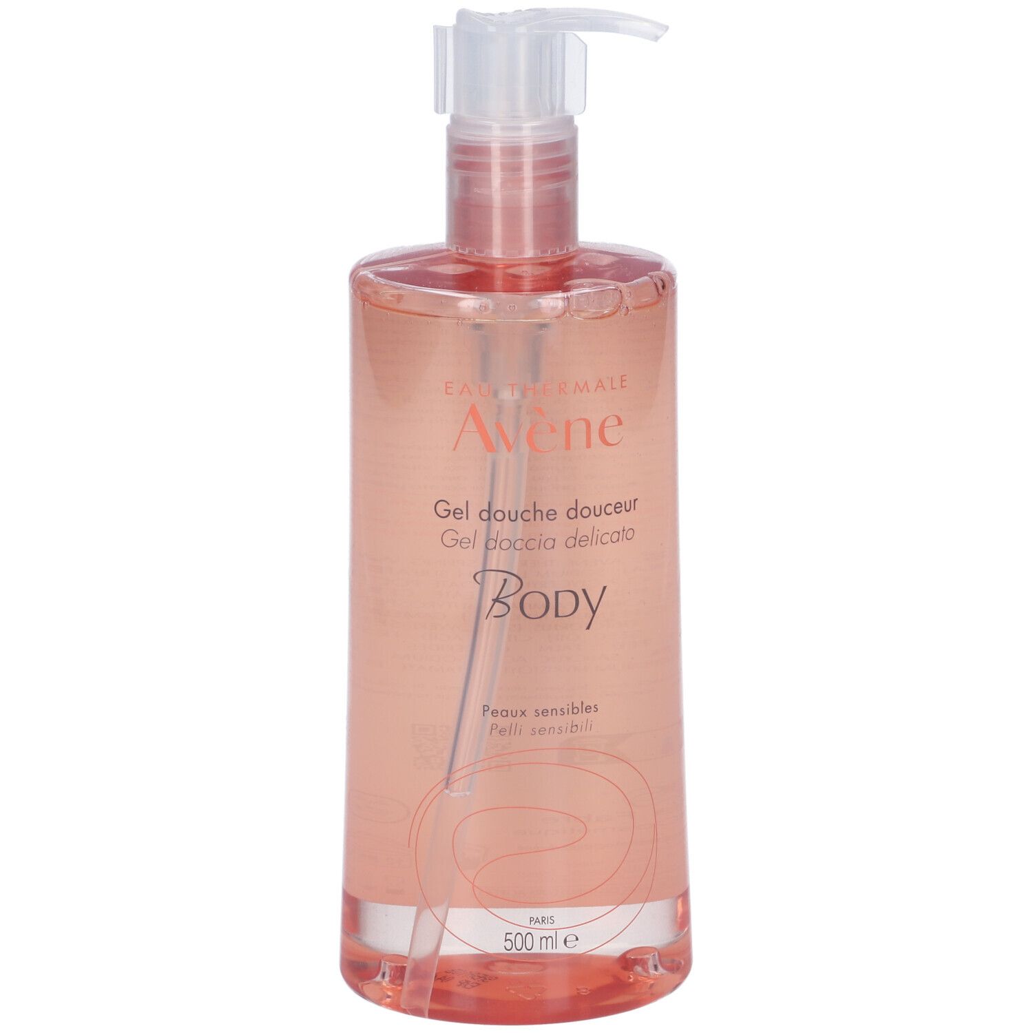 Flacon transparent avec liquide rose. Inscriptions: Avène, Gel douche douceur, Body. Avec pompe doseuse.