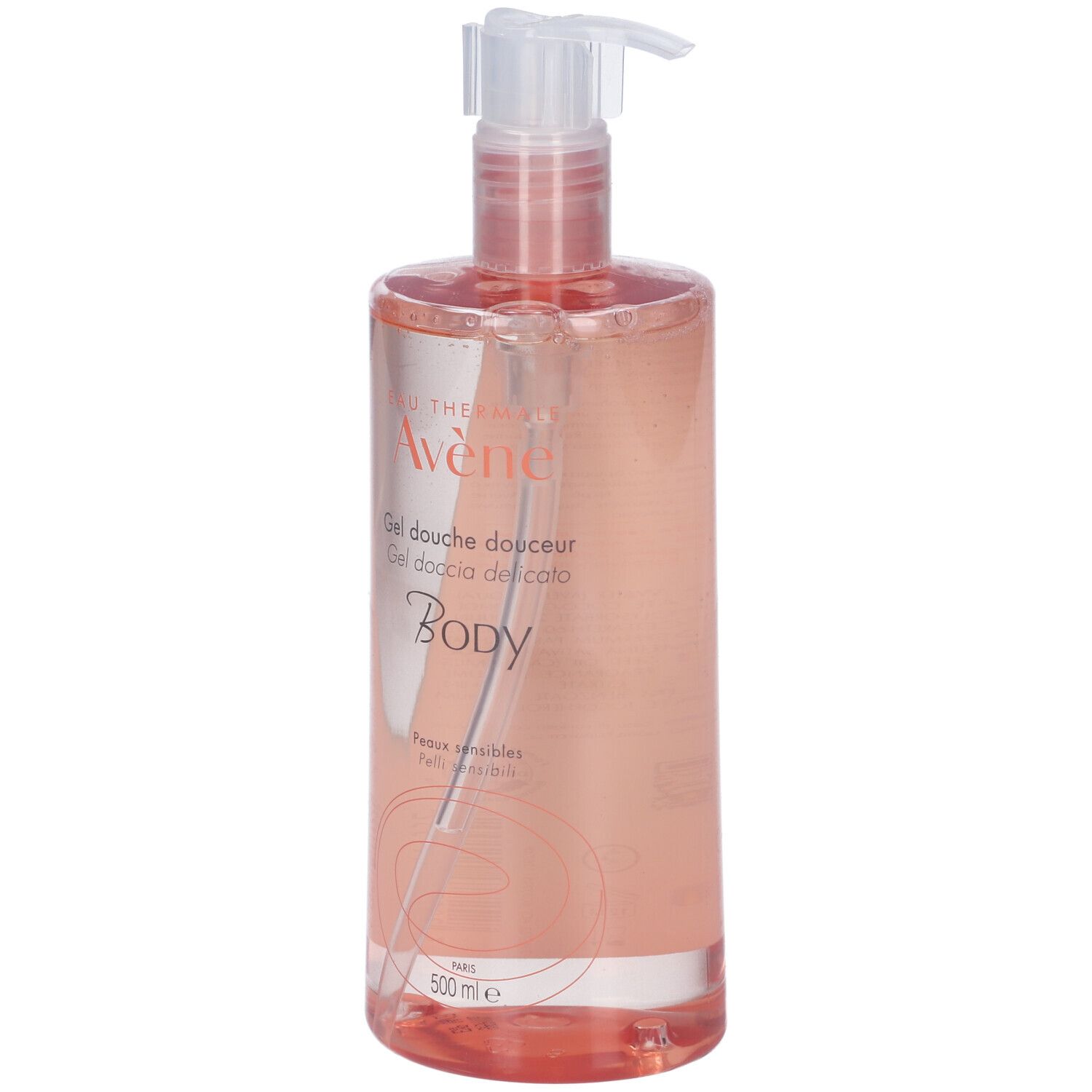 Flacon transparent avec liquide rose. Inscriptions: Avène, Gel douche douceur, Body. Avec pompe doseuse.