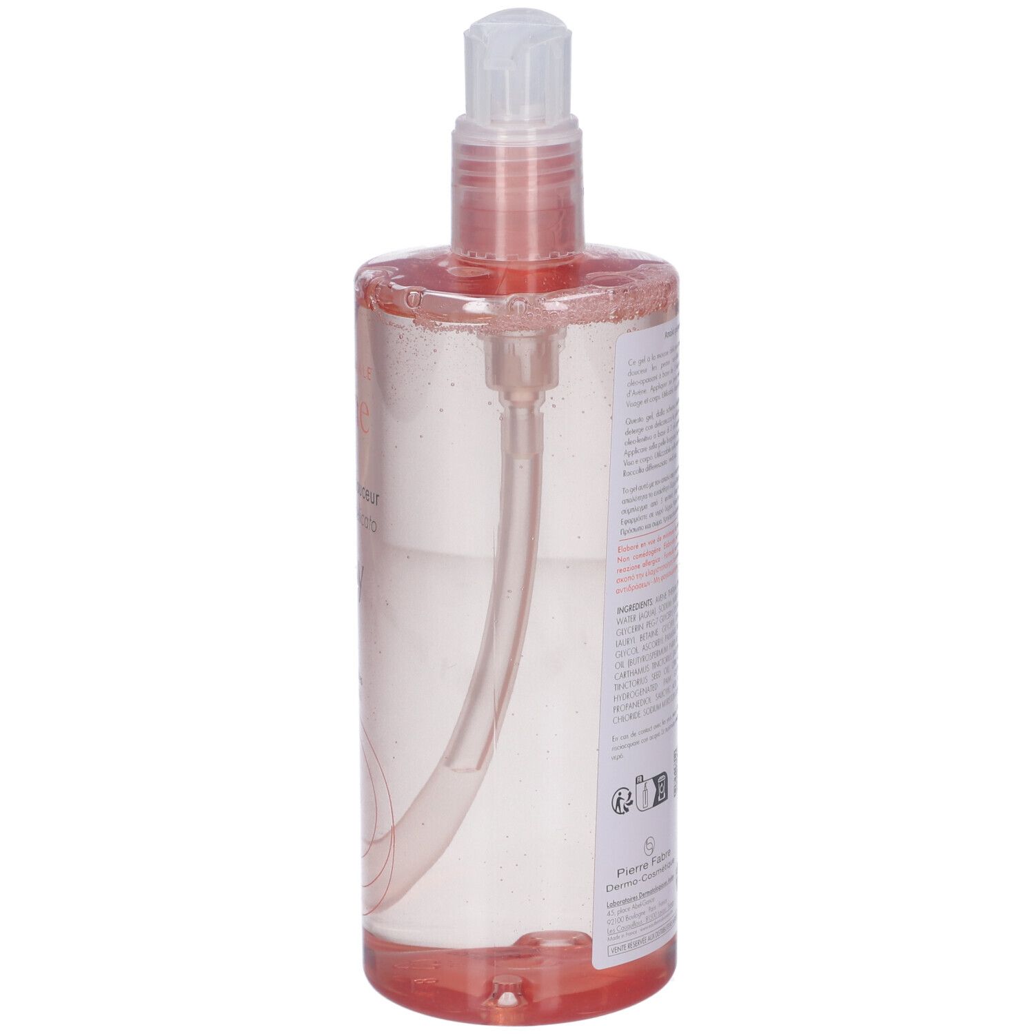 Flacon transparent avec liquide rose. Inscription: Avène. Avec pompe doseuse. Dos avec texte.