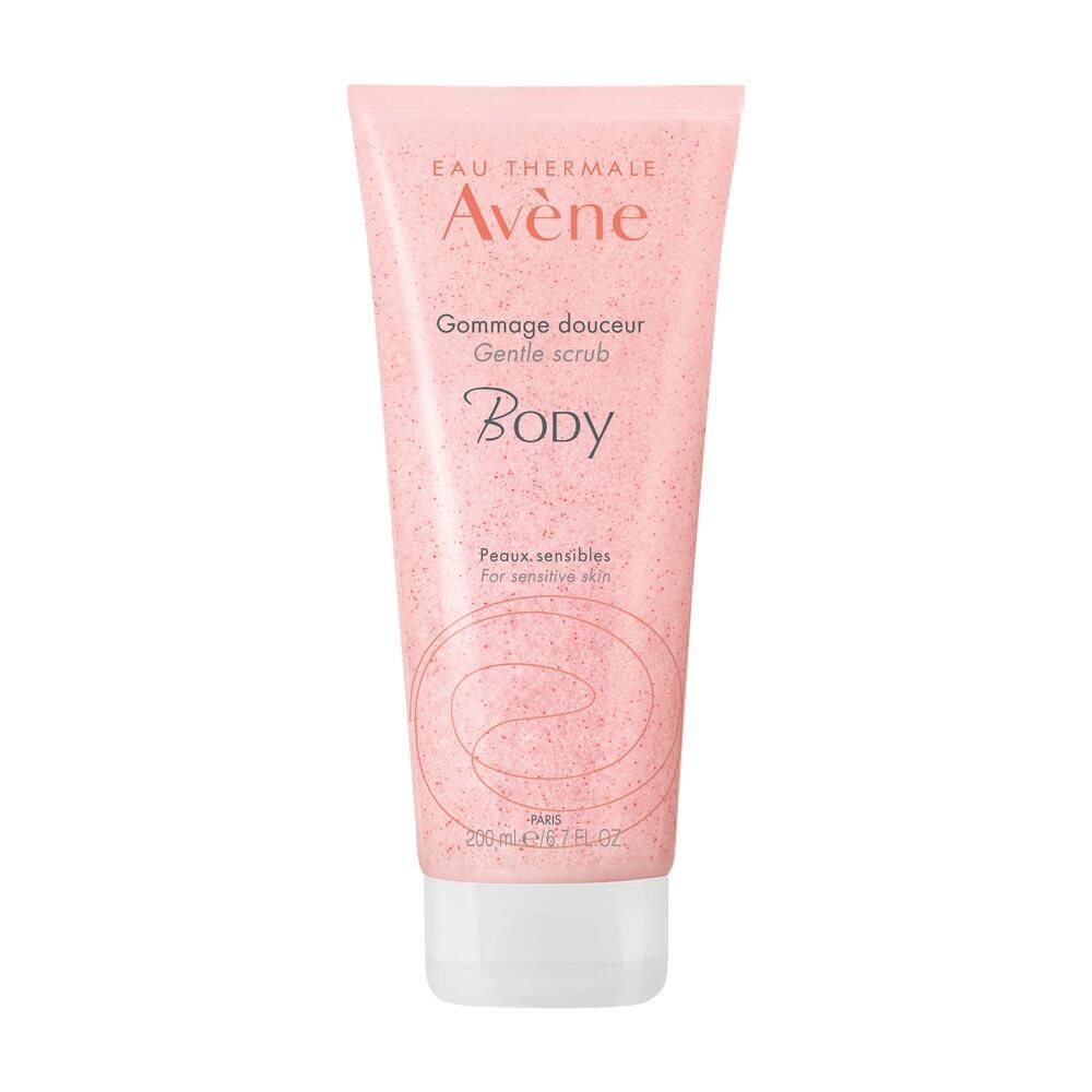 Rosa Tube mit weißem Verschluss. Aufschrift: Eau Thermale Avène, Gommage douceur, Gentle scrub, Body. Für empfindliche Haut.
