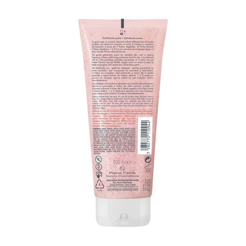Rückseite einer rosa Tube mit weißem Verschluss. Text: Exfoliating scrub. Inhaltsangaben, Herstellerinformationen, 200 ml.