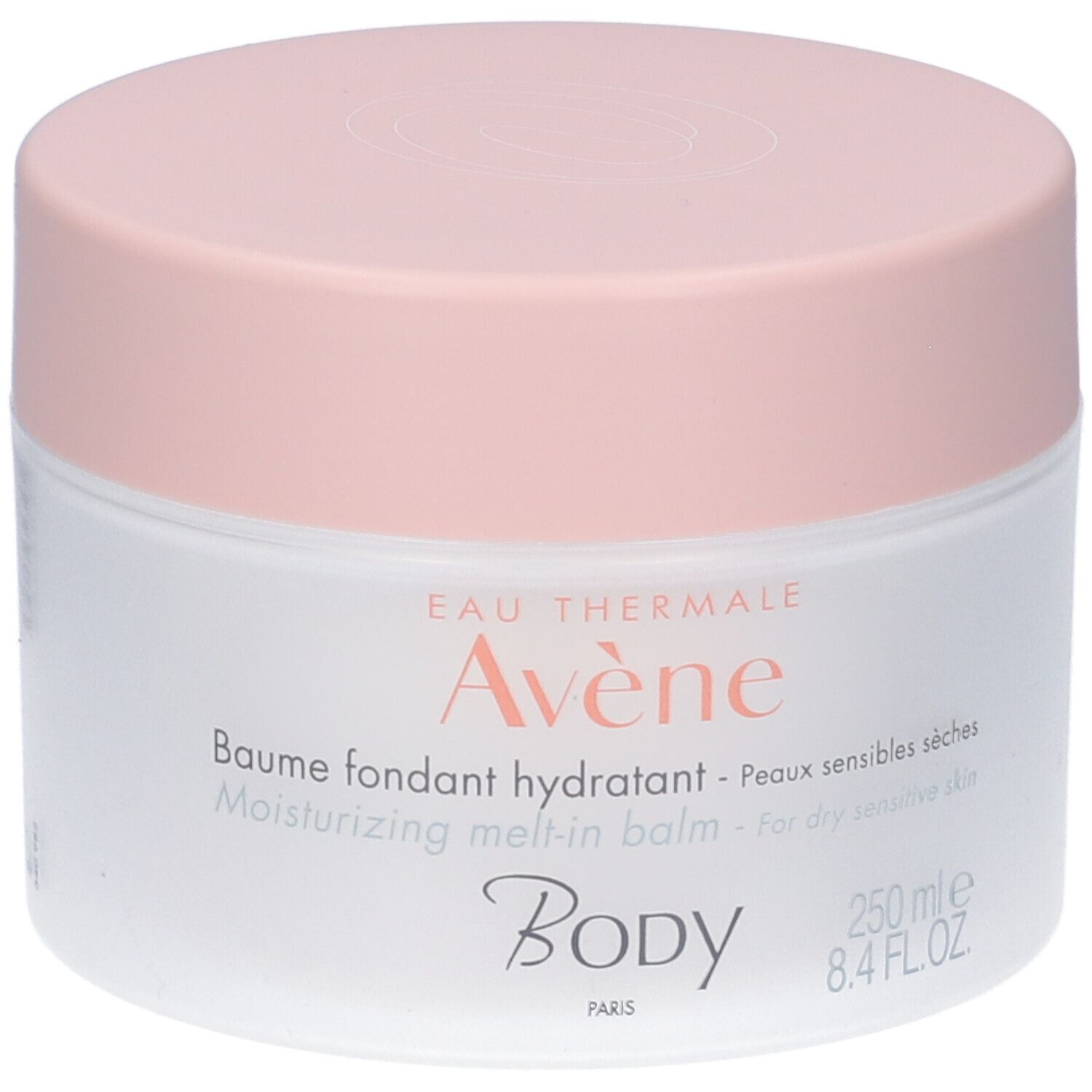 Weißes Tiegel mit rosa Deckel. Aufschrift: Eau Thermale Avène, Baume fondant hydratant, Body.