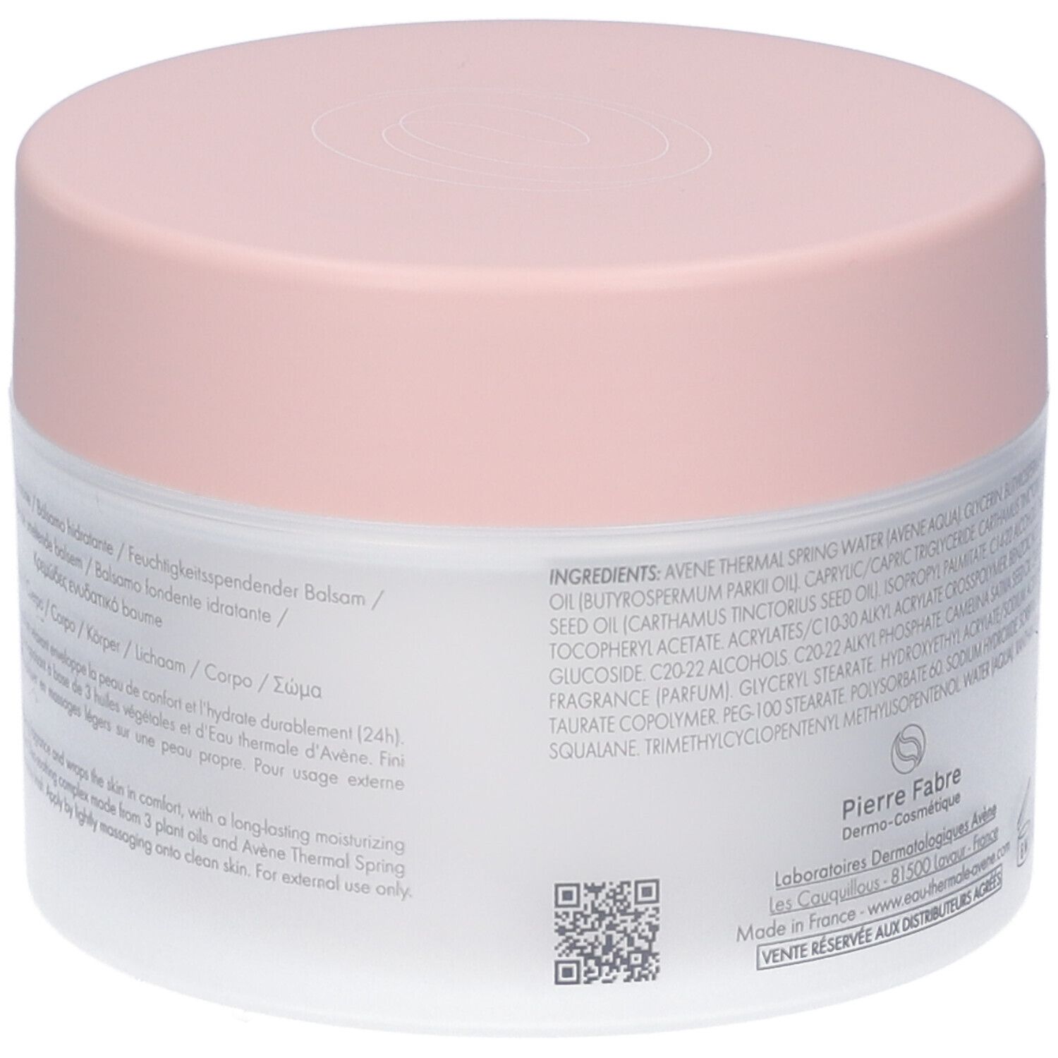 Rückseite des weißen Tiegels mit rosa Deckel. Text: Inhaltsstoffe, Pierre Fabre, QR-Code.