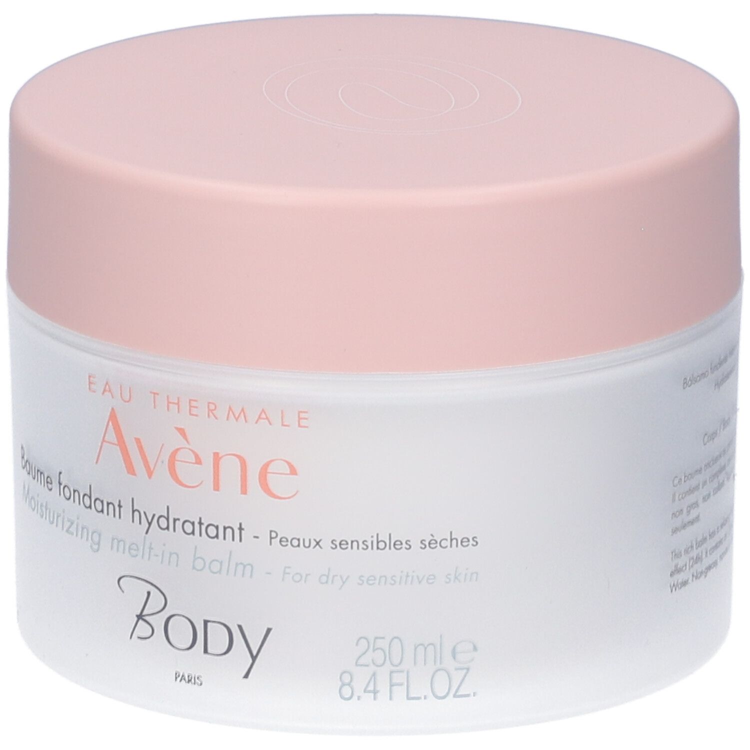 Weißes Tiegel mit rosa Deckel. Aufschrift: Eau Thermale Avène, Baume fondant hydratant, Body, 250 ml.