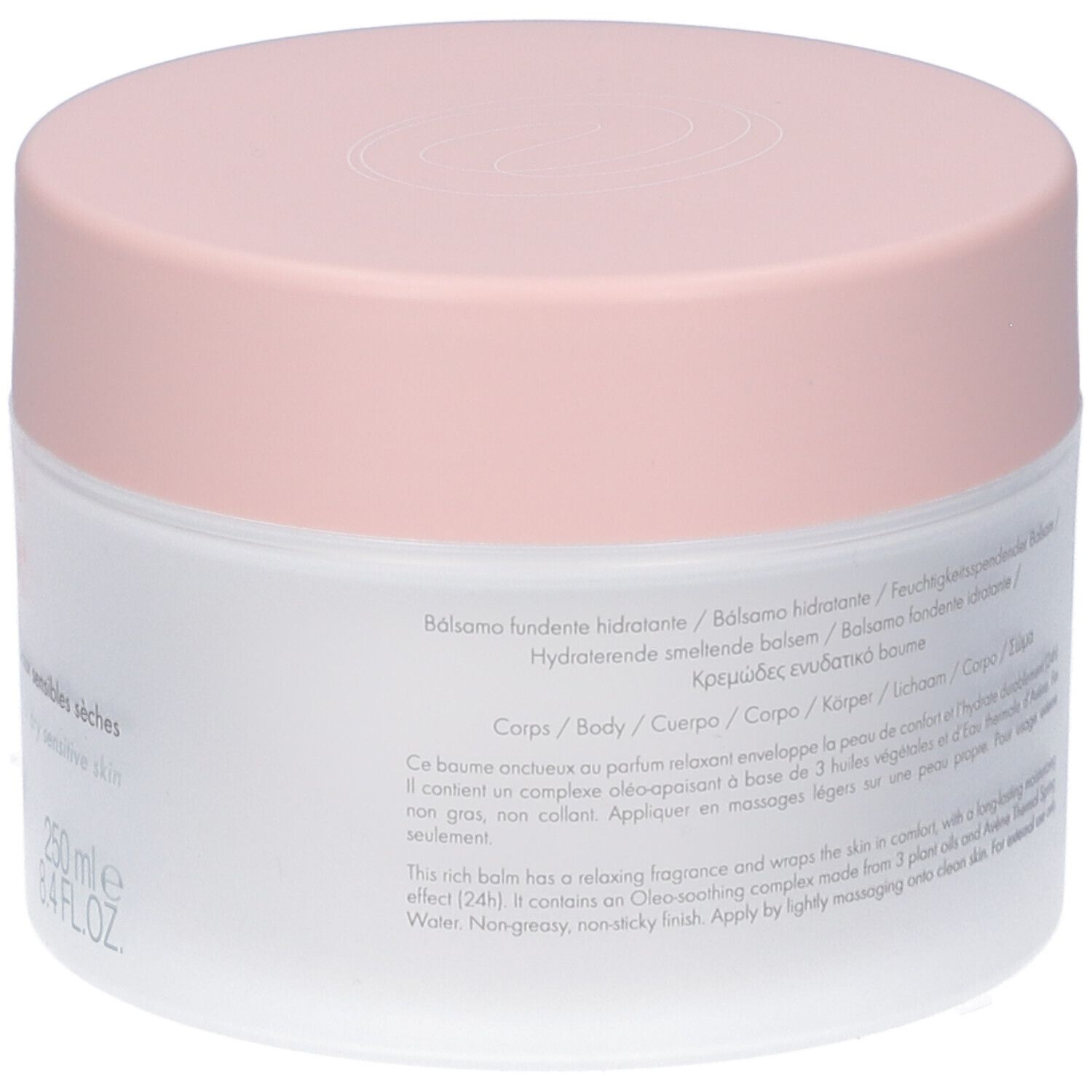 Rückseite des weißen Tiegels mit rosa Deckel. Text: Balsamo fondente idratante, Body, 250 ml.