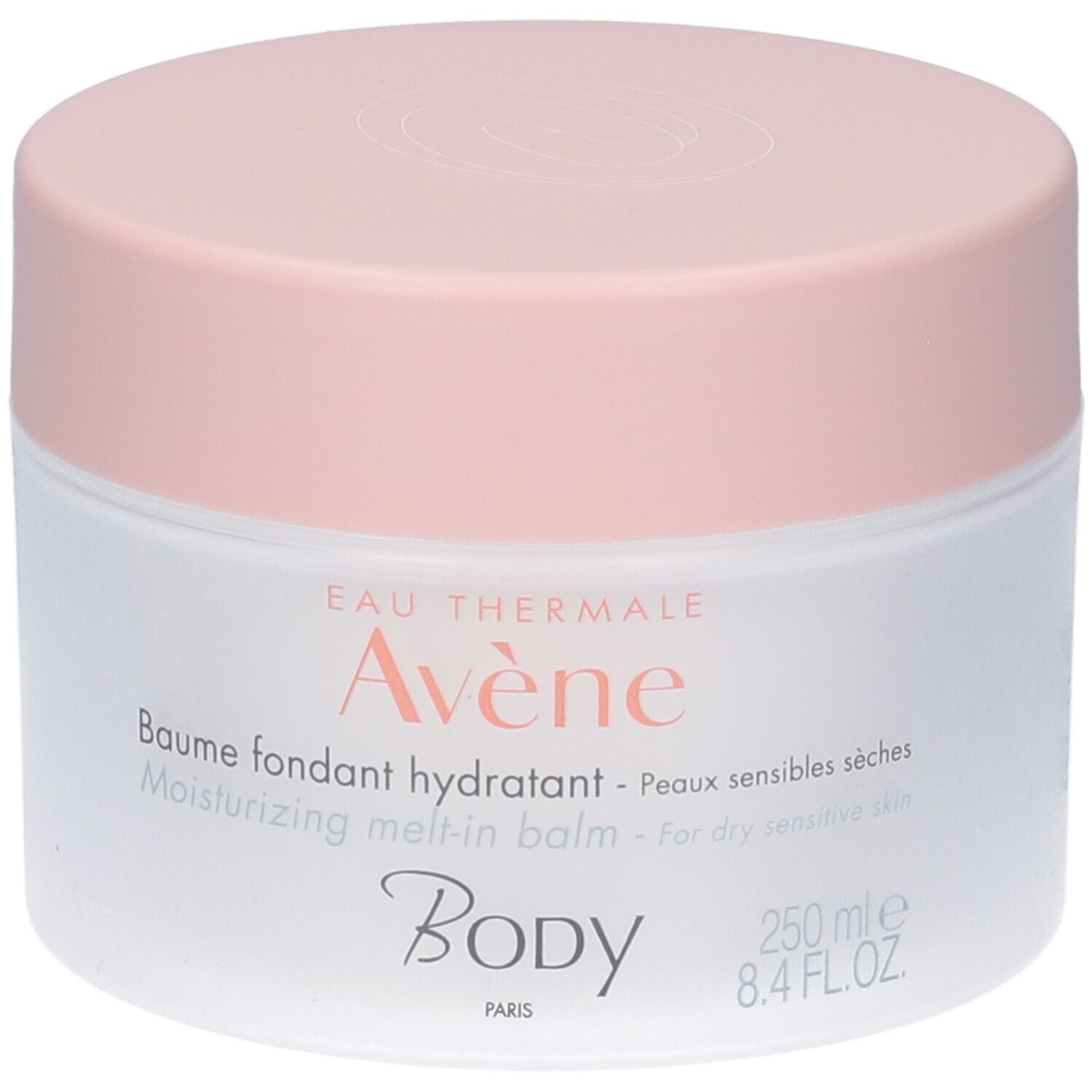Weißes Tiegel mit rosa Deckel. Aufschrift: Eau Thermale Avène, Baume fondant hydratant, Body, 250 ml.