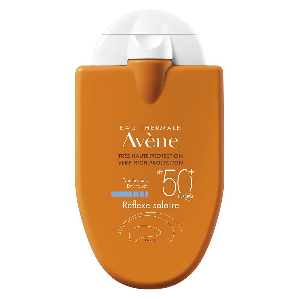 Orangefarbene Sonnencreme-Flasche mit weißem Deckel. Text: Eau Thermale Avène, SPF 50+, Réflexe solaire.