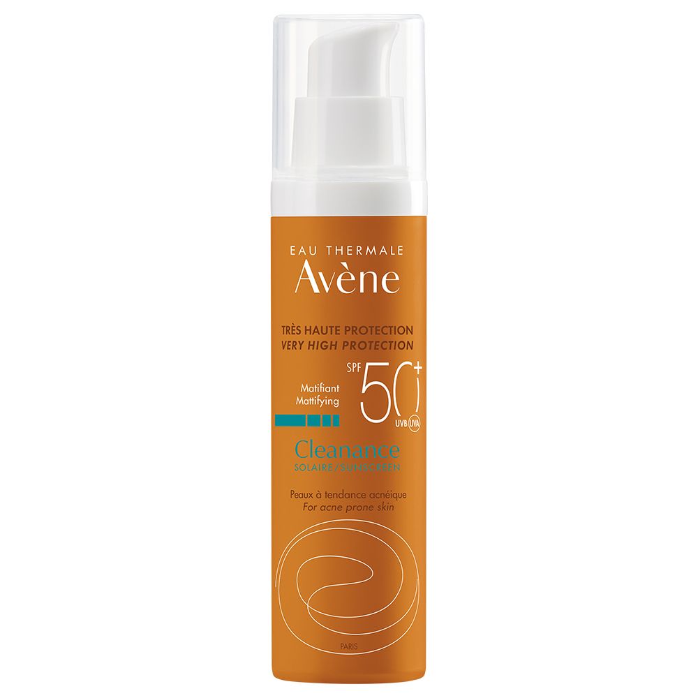 Flacon Avène Cleanance Sonne LSF 50+. Distributeur blanc, flacon orange. Texte: Eau Thermale Avène, SPF 50+.