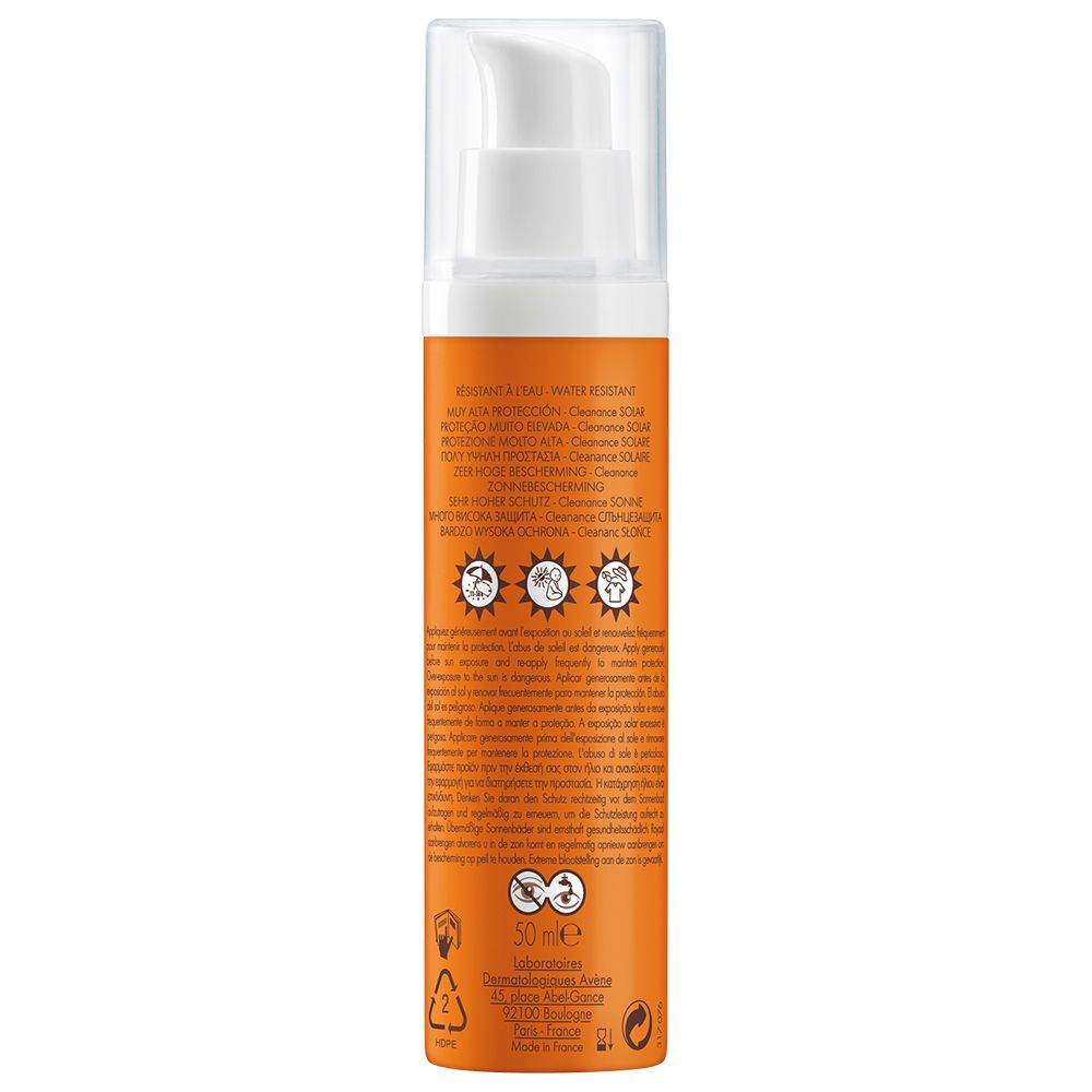Dos du flacon Avène Cleanance Sonne LSF 50+. Texte et symboles. Fond orange.
