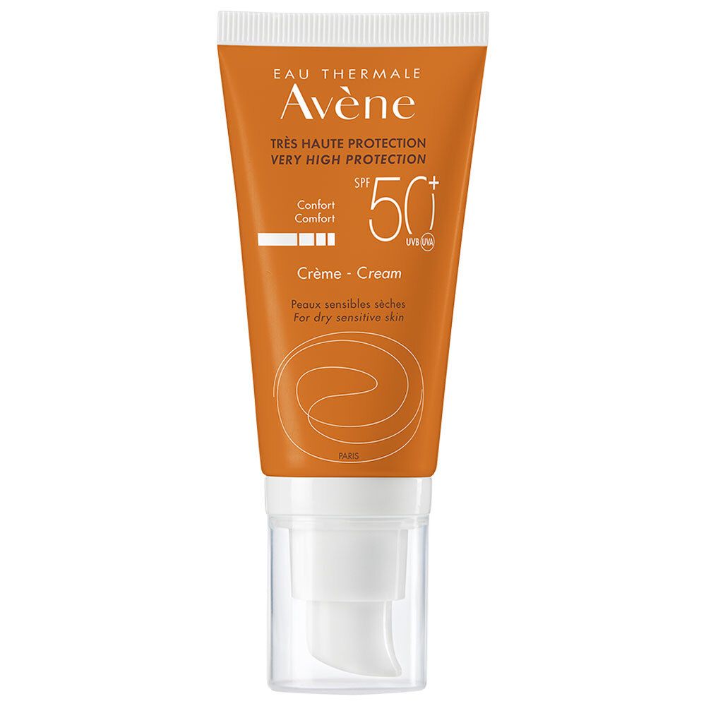 Tube orange avec bouchon blanc. Inscriptions: Avene, SPF 50+, Crème. Pour peaux sèches et sensibles.