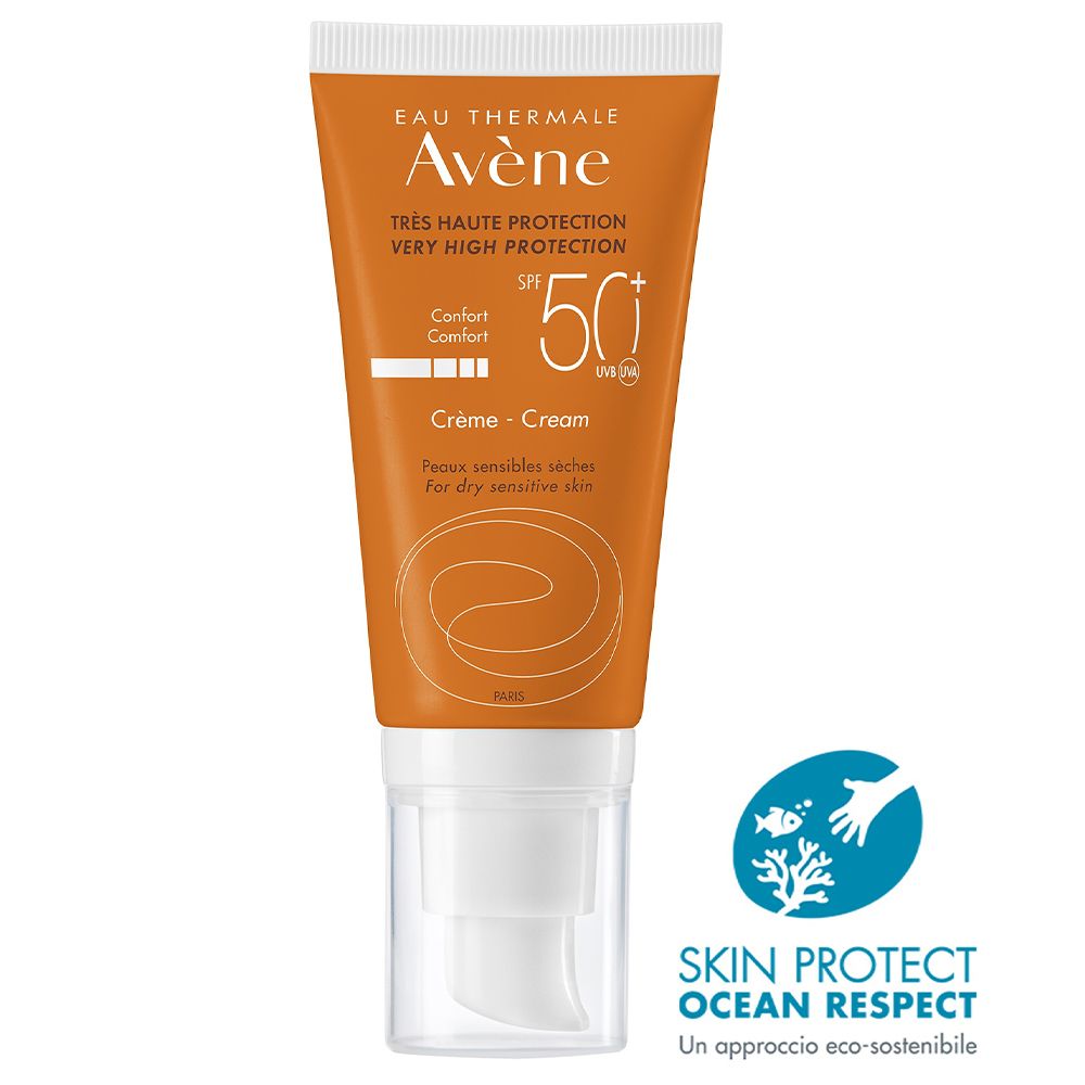 Tube orange avec bouchon blanc. Inscriptions: Avene, SPF 50+, Crème. Logo Skin Protect, Ocean Respect.