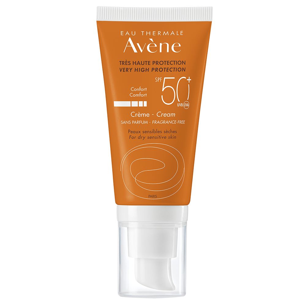 Orange Tube mit weißem Spender. Aufschrift: Eau Thermale Avène, Crème SPF50+, sans parfum, für trockene, empfindliche Haut.