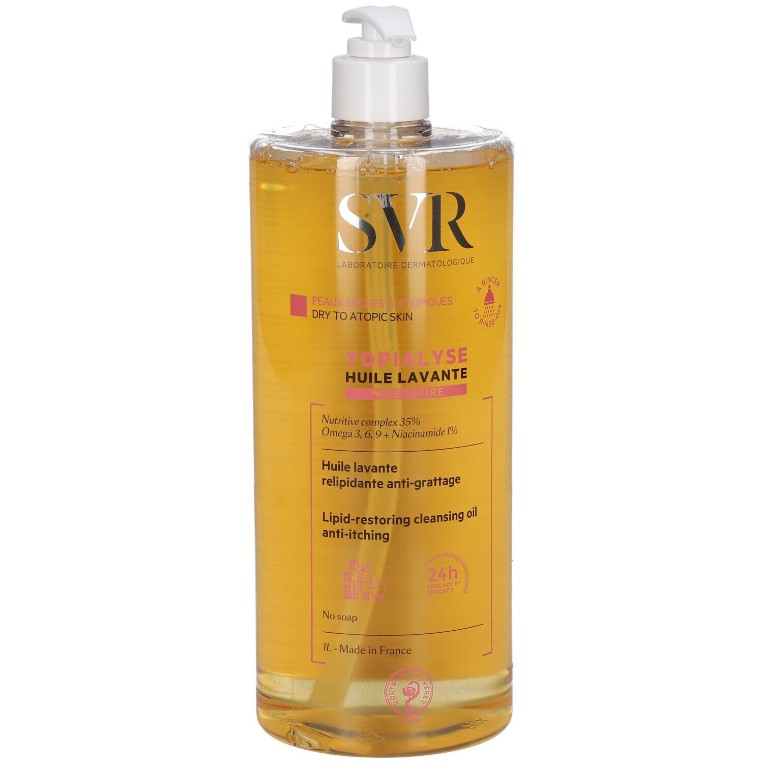 Klare Flasche mit gelblicher Flüssigkeit und Dosierpumpe. Aufschrift: SVR, Topialyse Huile Lavante.