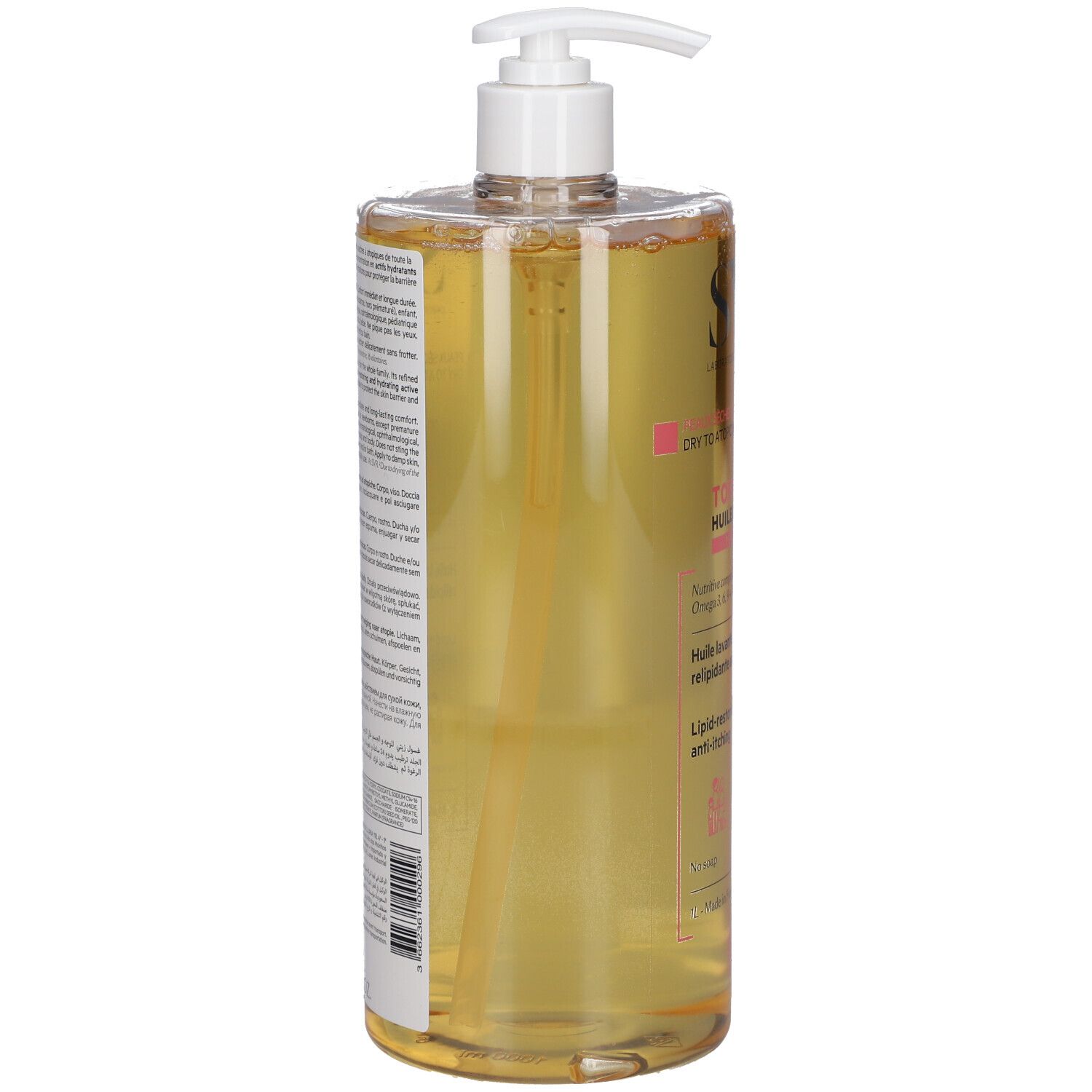 Transparente Flasche mit gelblicher Flüssigkeit und Dosierpumpe. Rückseite mit Text.