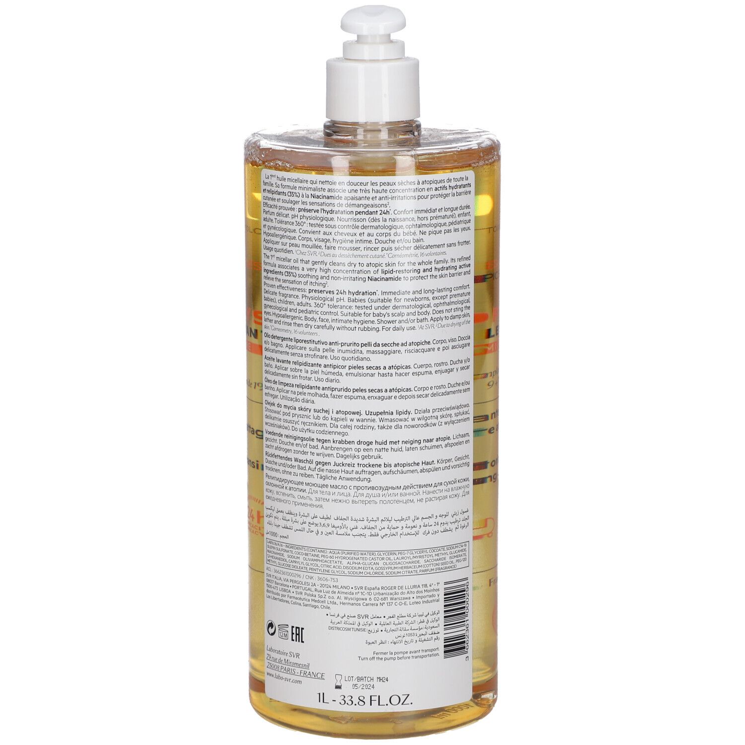 Rückansicht einer transparenten Flasche mit gelblicher Flüssigkeit und Dosierpumpe. Text auf der Rückseite.