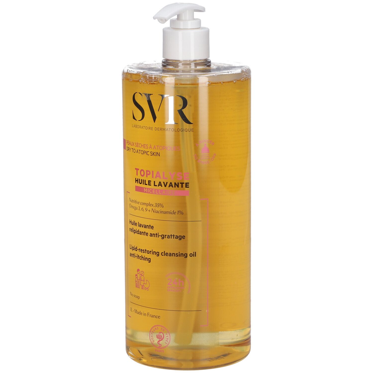 Schrägansicht einer transparenten Flasche mit gelblicher Flüssigkeit und Dosierpumpe. Aufschrift: SVR, Topialyse.