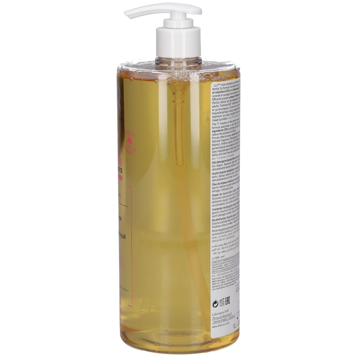 Rückansicht einer transparenten Flasche mit gelblicher Flüssigkeit und Dosierpumpe. Text auf der Rückseite.