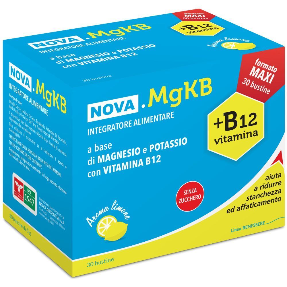 Boîte bleu et jaune NOVA .MgKB. Inscription: Integratore Alimentare, magnésium, potassium, vitamine B12. 30 sachets, arôme citron.