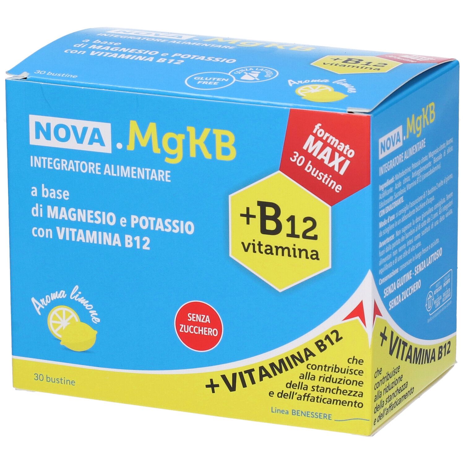 Boîte bleu et jaune NOVA .MgKB. Inscription: Integratore Alimentare, magnésium, potassium, vitamine B12. 30 sachets, arôme citron, sans sucre.