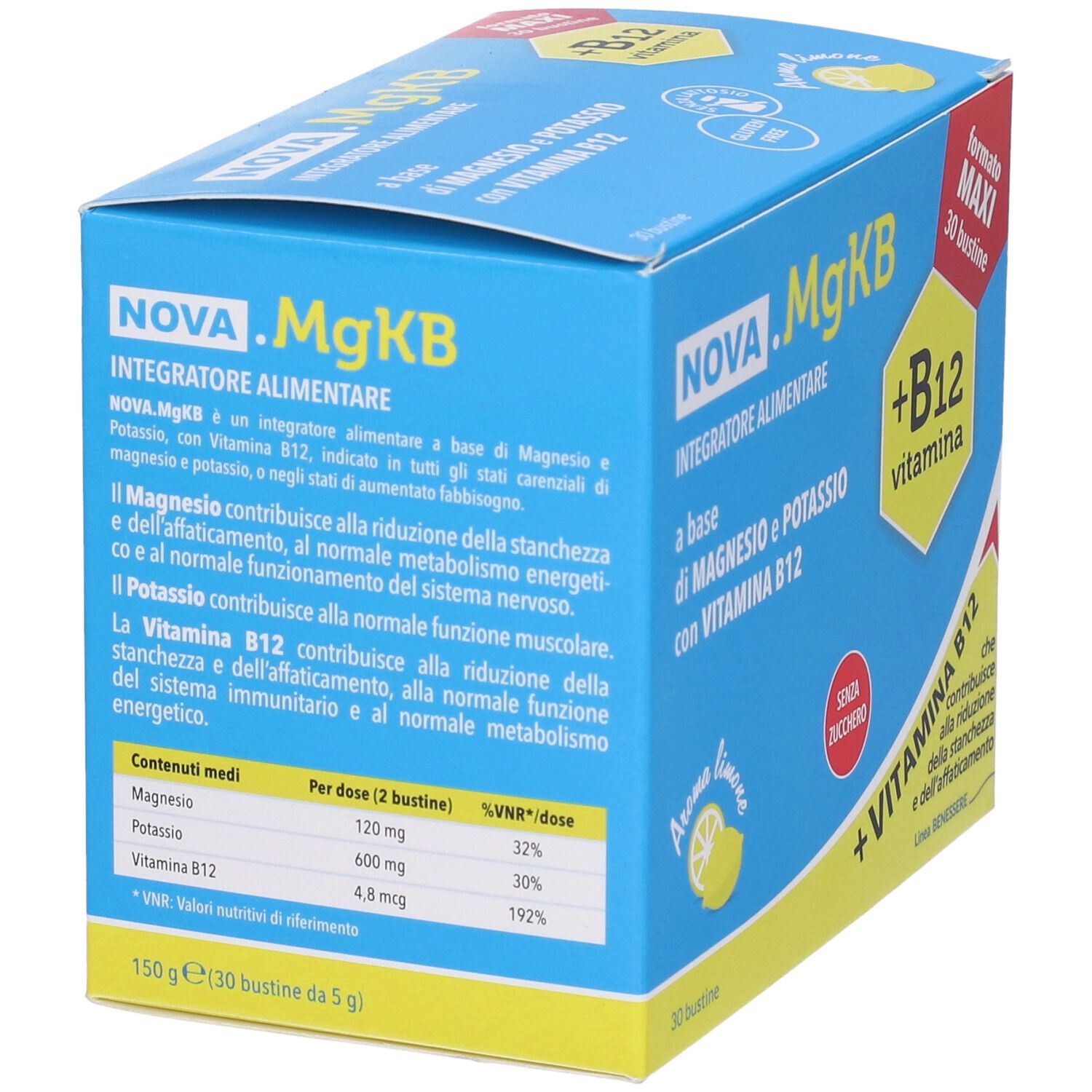 Boîte bleu et jaune NOVA .MgKB. Inscription: Integratore Alimentare, magnésium, potassium, vitamine B12. 30 sachets, arôme citron, sans sucre.