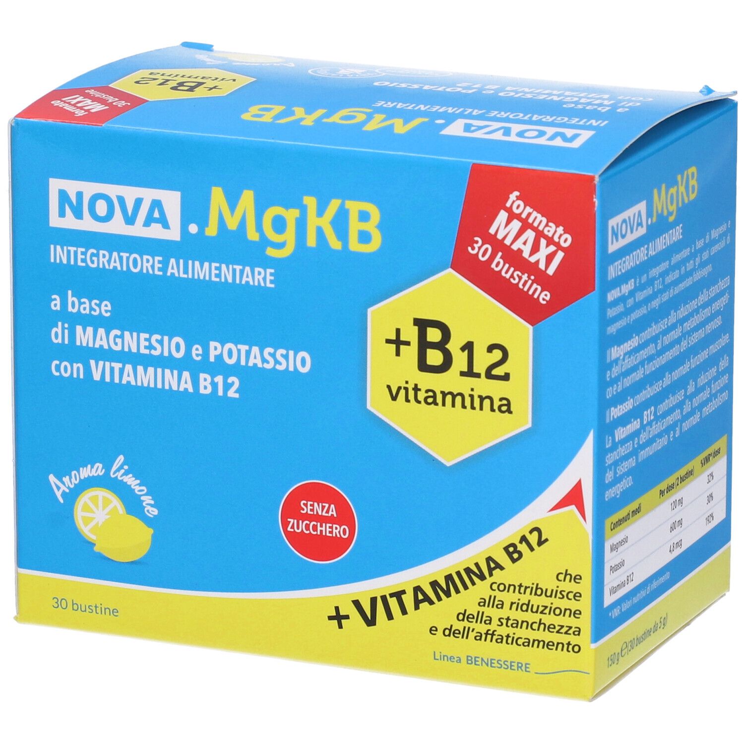 Boîte bleu et jaune NOVA .MgKB. Inscription: Integratore Alimentare, magnésium, potassium, vitamine B12. 30 sachets, arôme citron, sans sucre.