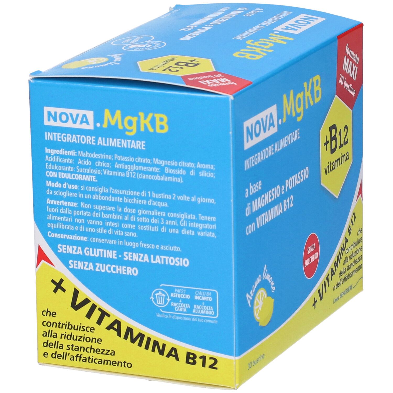 Boîte bleu et jaune NOVA .MgKB. Inscription: Integratore Alimentare, magnésium, potassium, vitamine B12. 30 sachets, arôme citron, sans sucre.