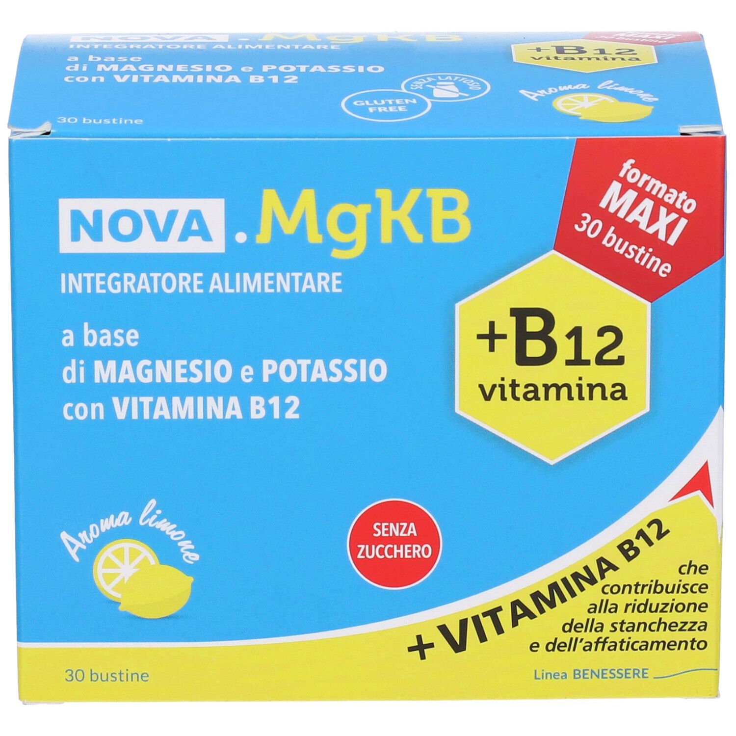 Boîte bleu et jaune NOVA .MgKB. Inscription: Integratore Alimentare, magnésium, potassium, vitamine B12. 30 sachets, arôme citron, sans sucre.