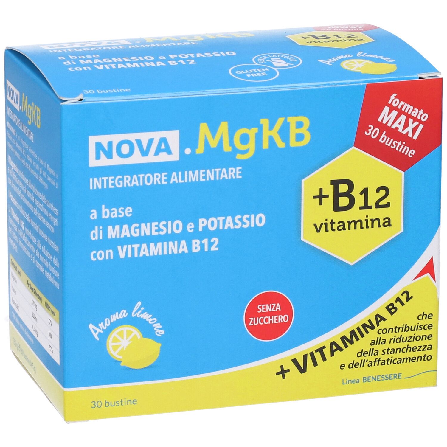 Boîte bleu et jaune NOVA .MgKB. Inscription: Integratore Alimentare, magnésium, potassium, vitamine B12. 30 sachets, arôme citron, sans sucre.