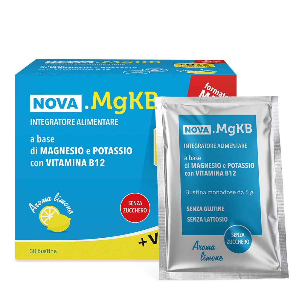 Boîte et sachet NOVA .MgKB. Inscription: Integratore Alimentare, magnésium, potassium, vitamine B12. Sachet individuel, arôme citron.