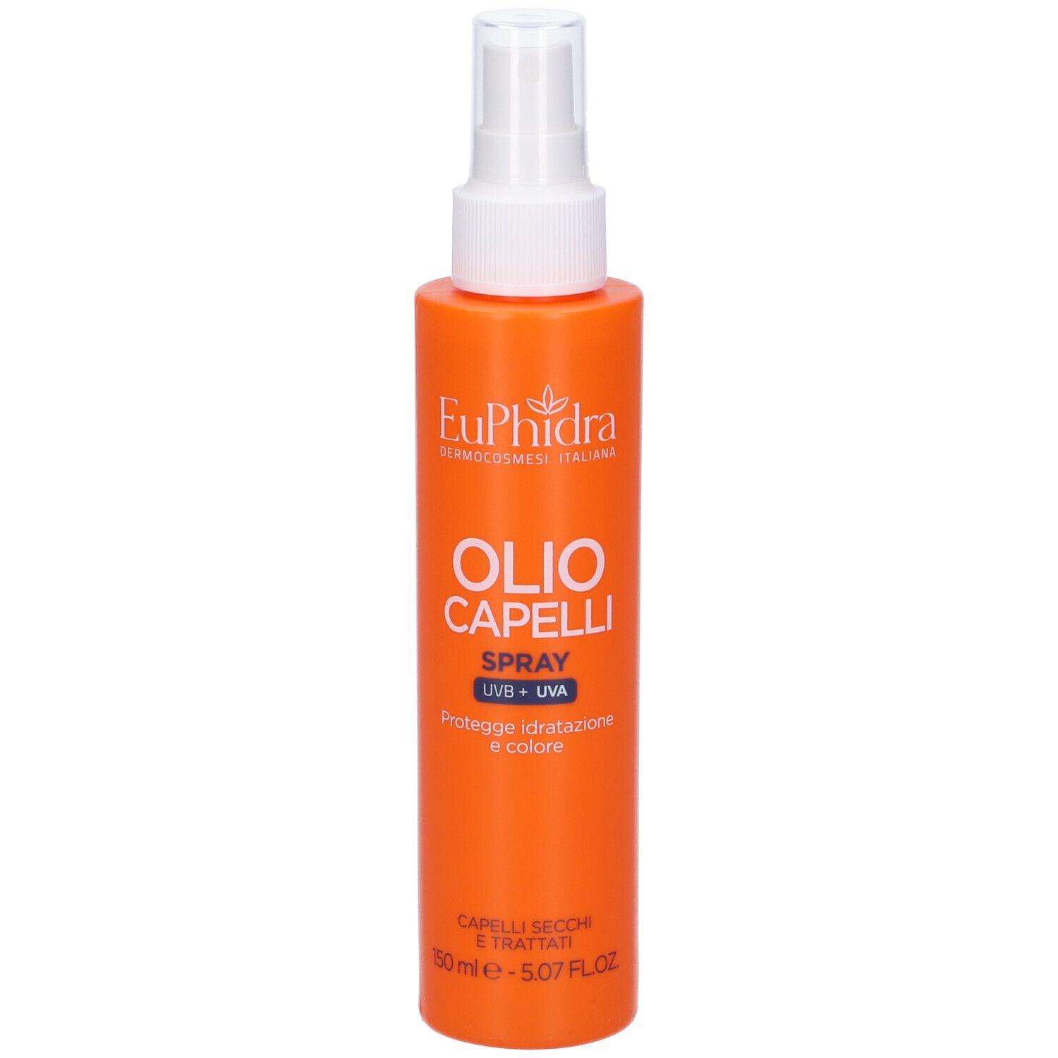 Flacon spray orange avec tête blanche. Inscription : Euphidra, Olio Capelli Spray, UVB + UVA. Protège, hydrate et colore.