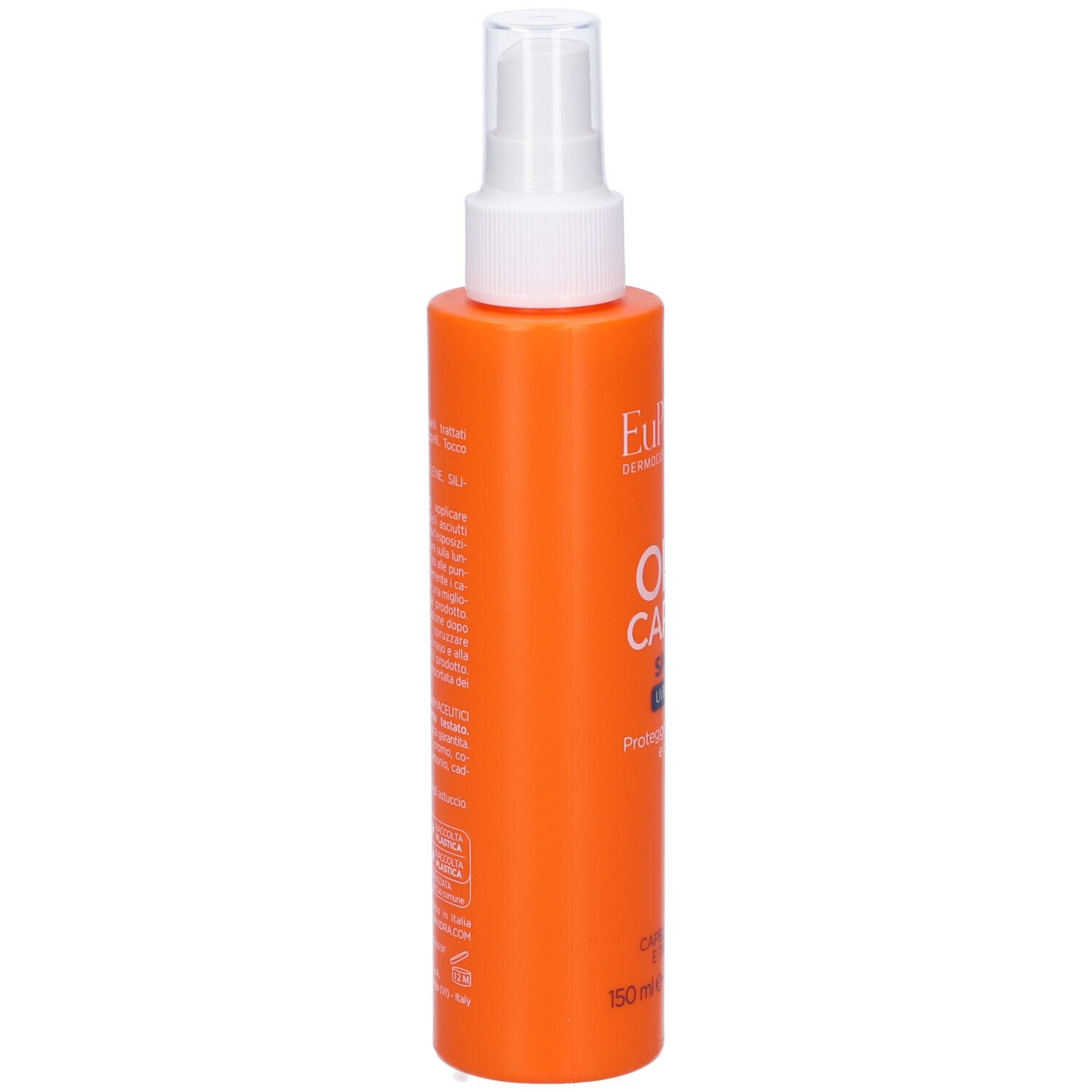 Flacon spray orange avec tête blanche. Texte sur le côté, comprenant ingrédients et fabricant.