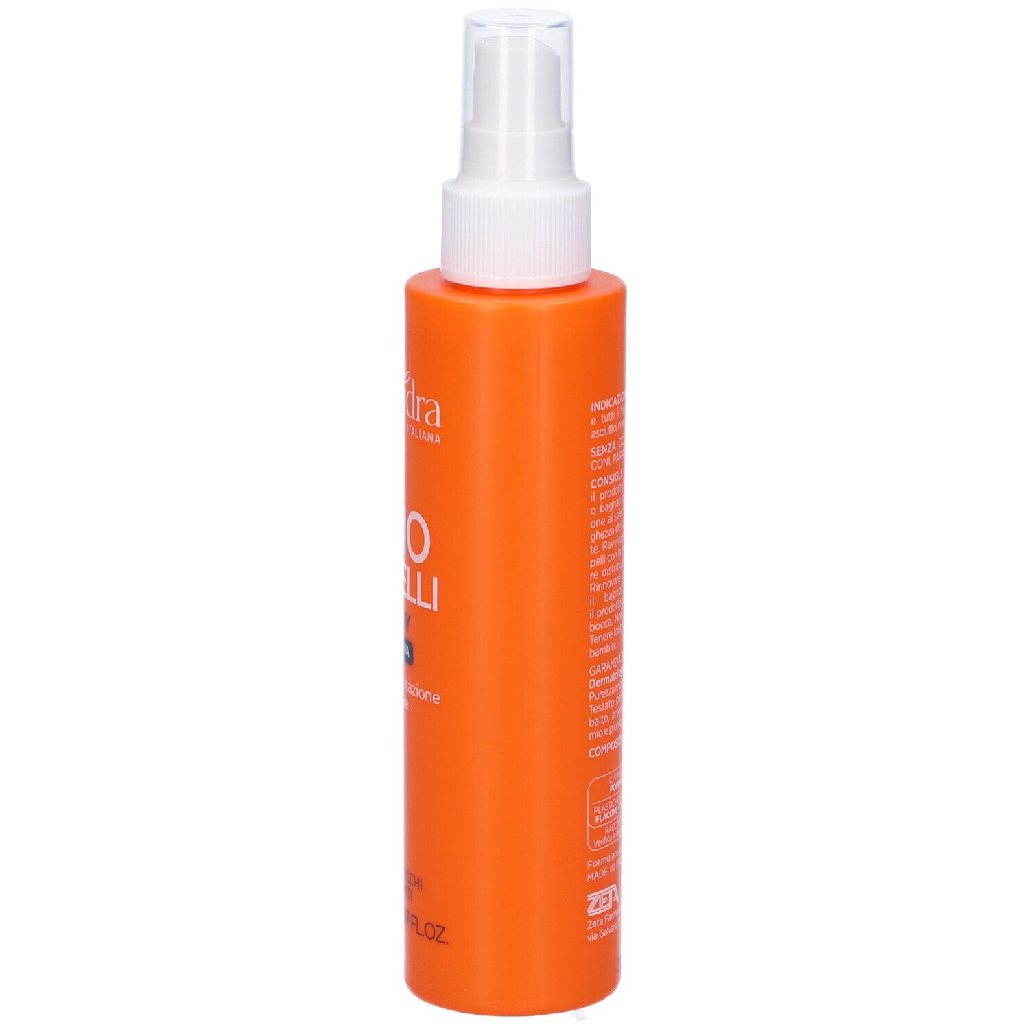 Flacon spray orange avec tête blanche. Texte sur le côté, comprenant ingrédients et fabricant.