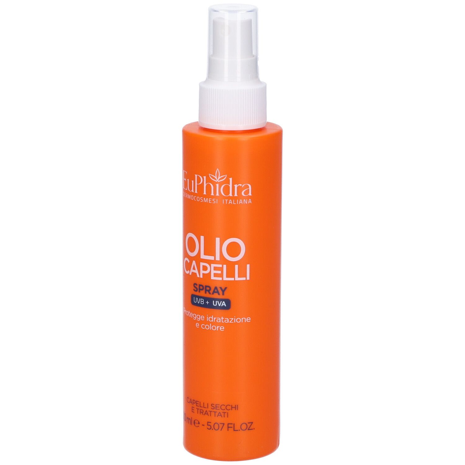 Flacon spray orange avec tête blanche. Inscription : Euphidra, Olio Capelli Spray, UVB + UVA. Protège, hydrate et colore.
