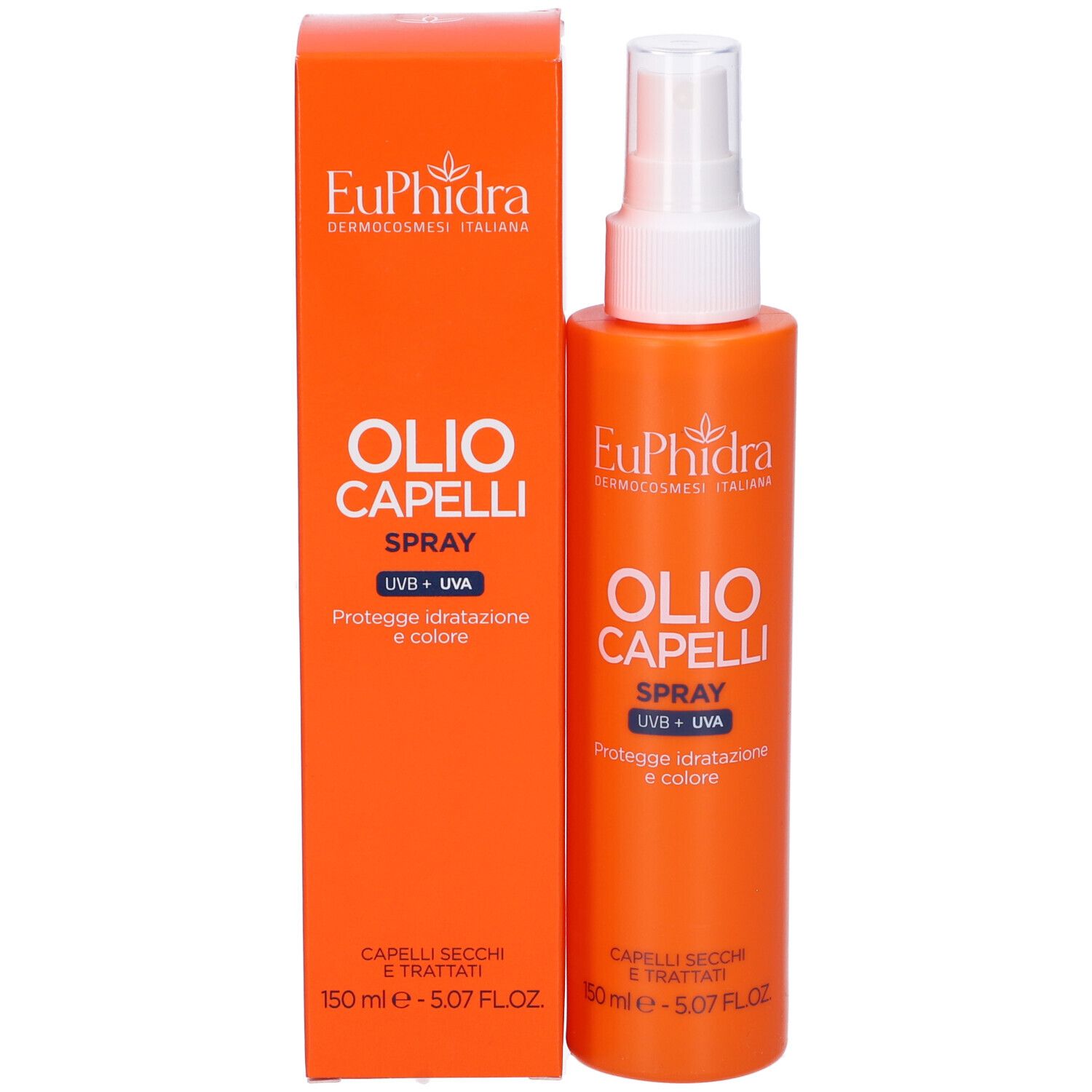 Flacon spray et boîte orange. Inscription : Euphidra, Olio Capelli Spray, UVB + UVA. Boîte avec nom du produit.