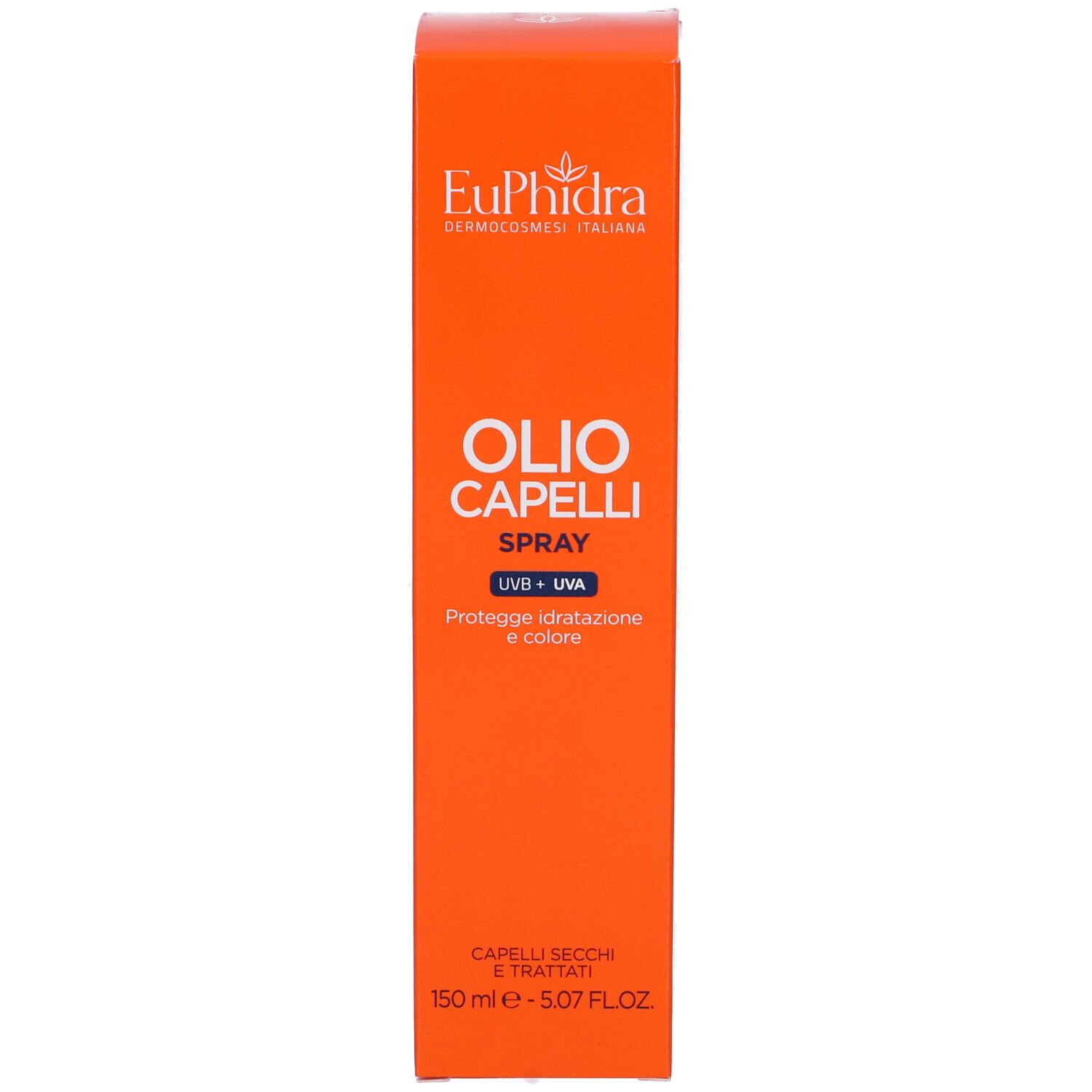 Boîte orange avec inscription : Euphidra, Olio Capelli Spray, UVB + UVA. Texte et nom du produit.