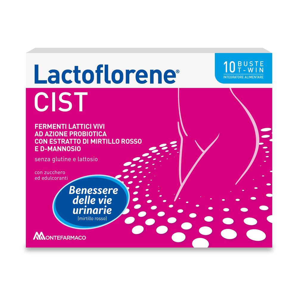 Boîte Lactoflorene® Cist. Rose et blanc. 10 sachets. Contient des ferments lactiques vivants, cranberry et D-mannose.