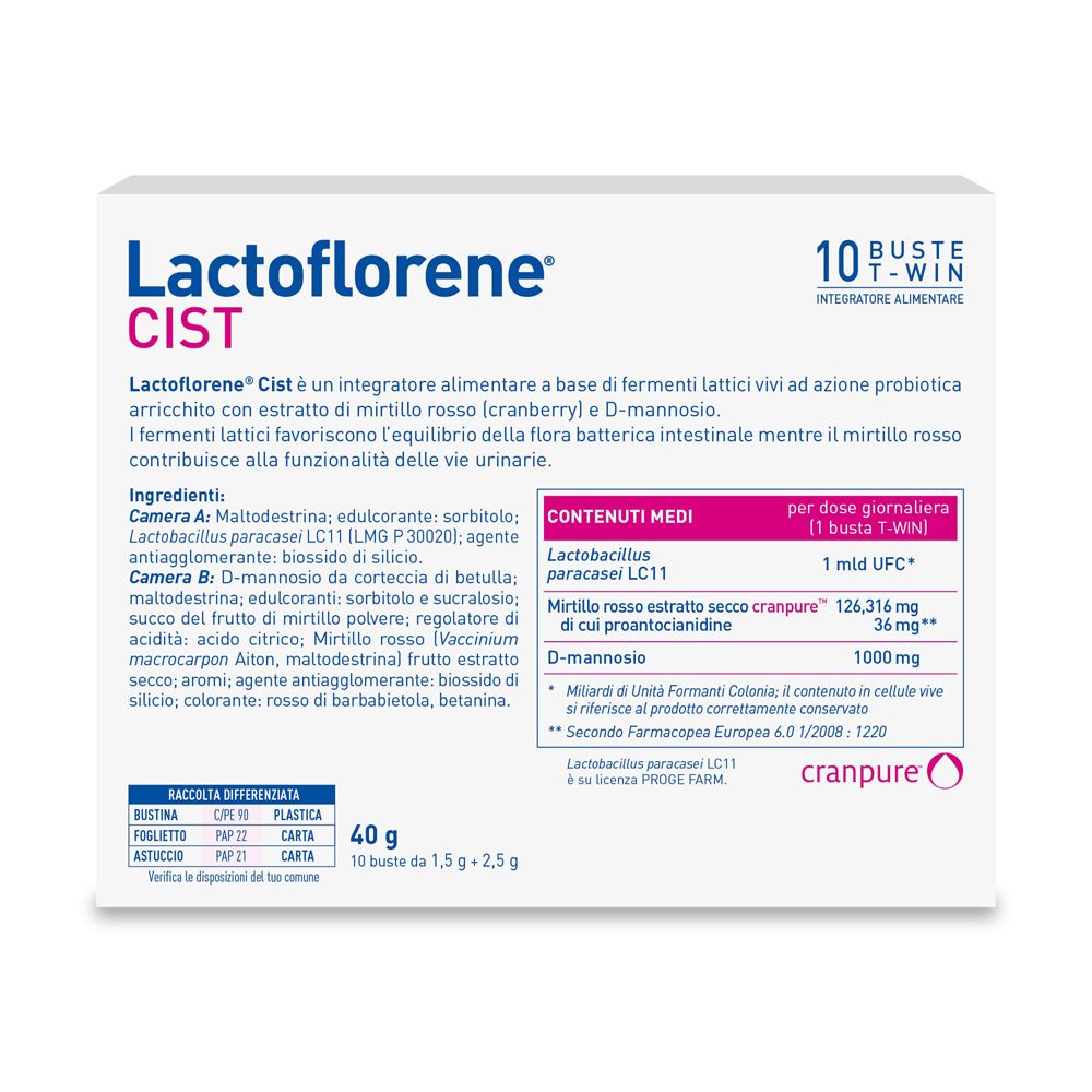 Dos de la boîte Lactoflorene® Cist. Ingrédients et informations nutritionnelles. 10 sachets. 40g.