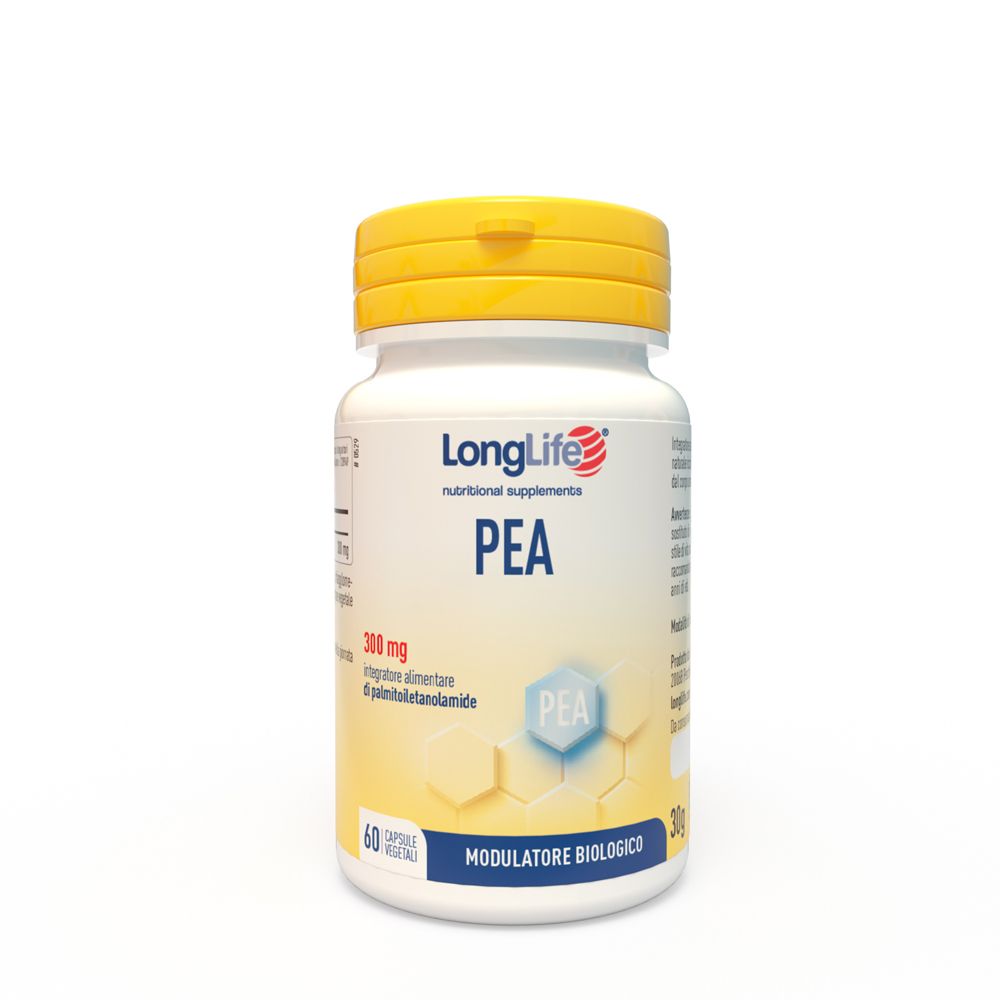 Flacon blanc, bouchon jaune. Inscription: LongLife PEA 300 mg. 60 gélules.