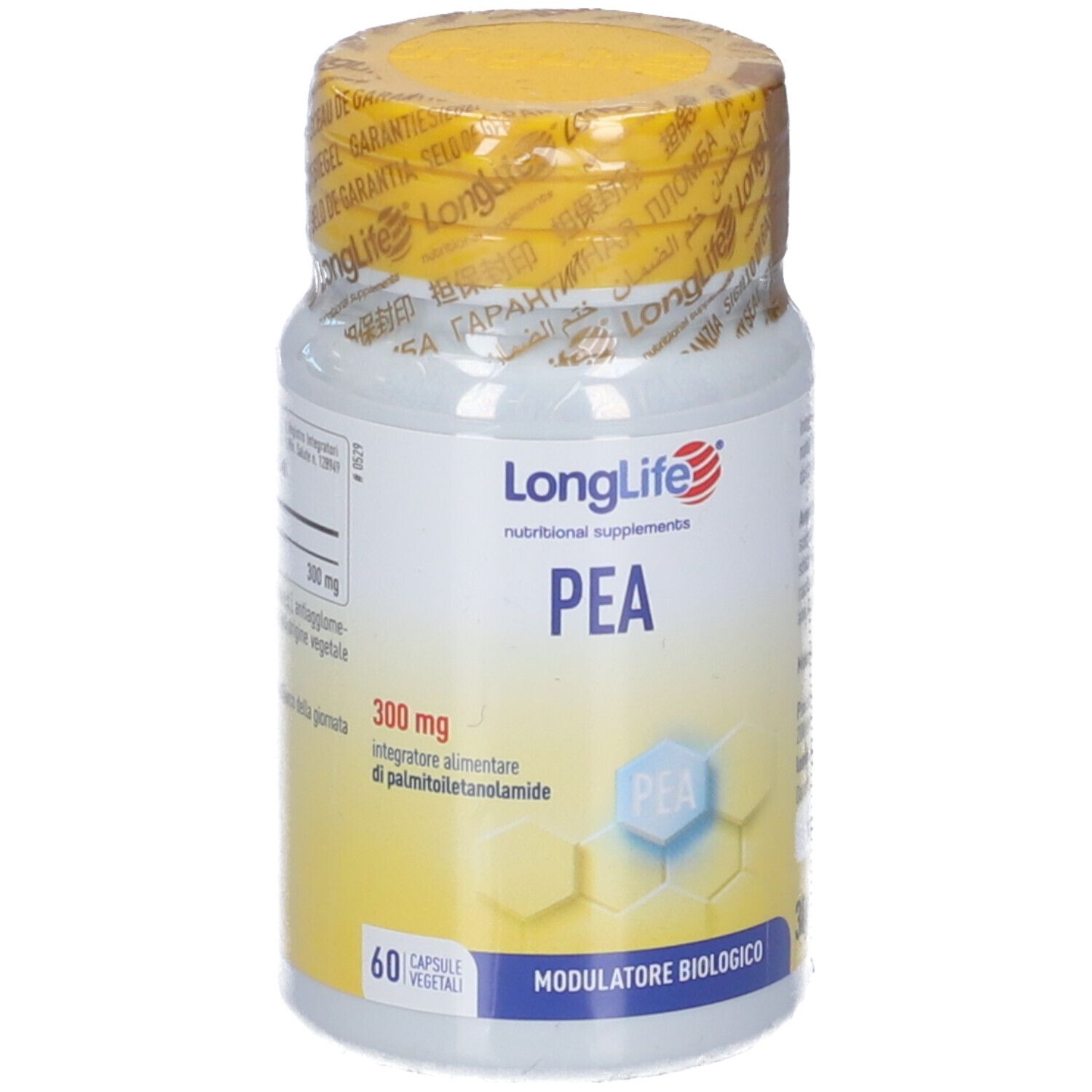 Flacon blanc avec couvercle jaune. Inscription: LongLife PEA 300 mg. 60 gélules. Fermeture de sécurité.