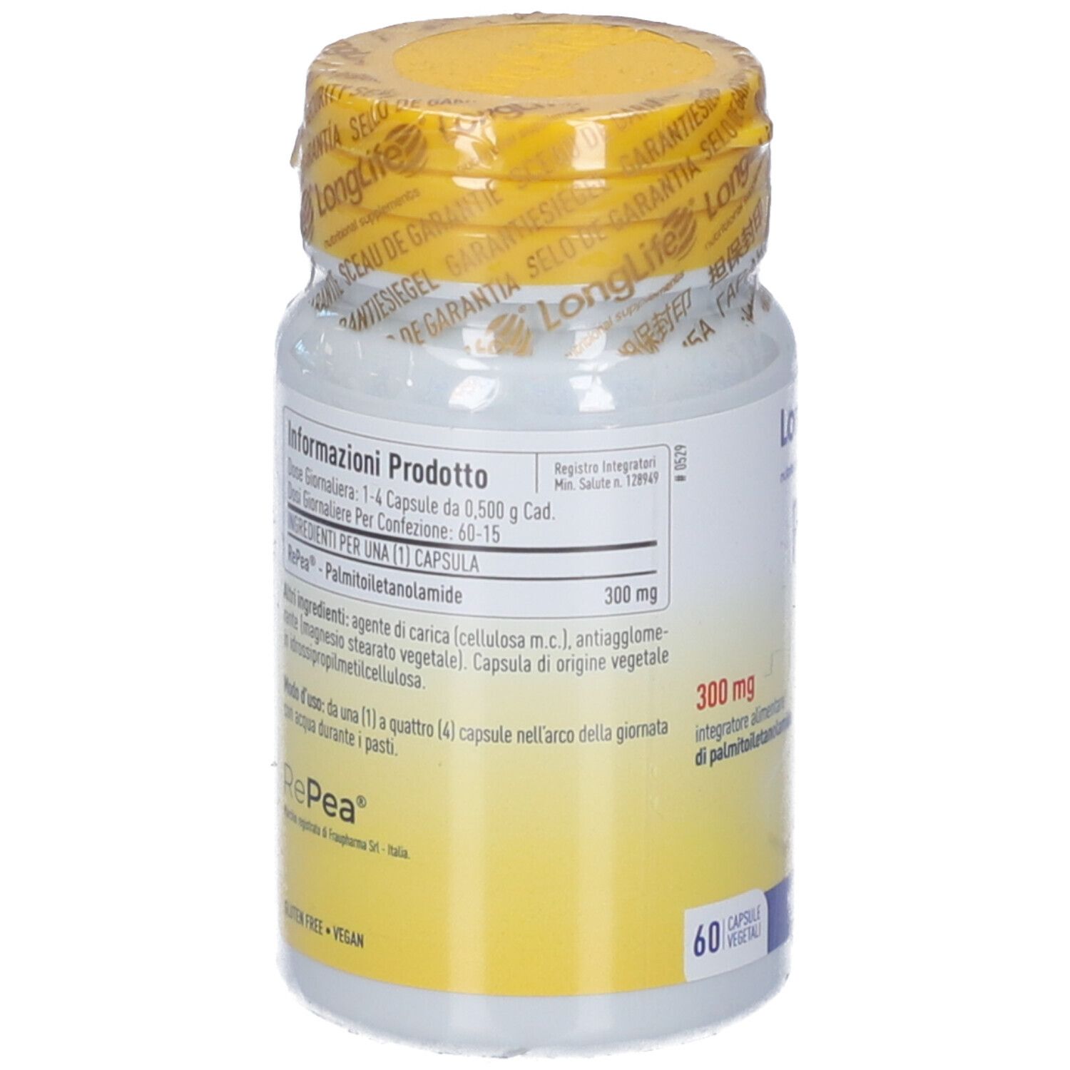 Dos de la bouteille de pilules blanche. Informations textuelles sur les ingrédients et le dosage. 300 mg de palmitoyléthanolamide. 60 gélules.