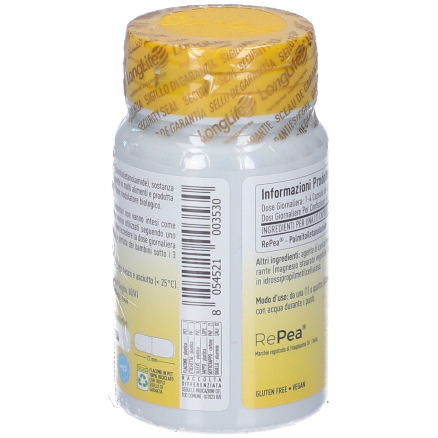 Dos de la bouteille de pilules blanche. Informations textuelles. Sans gluten et végétalien. Symbole de recyclage.