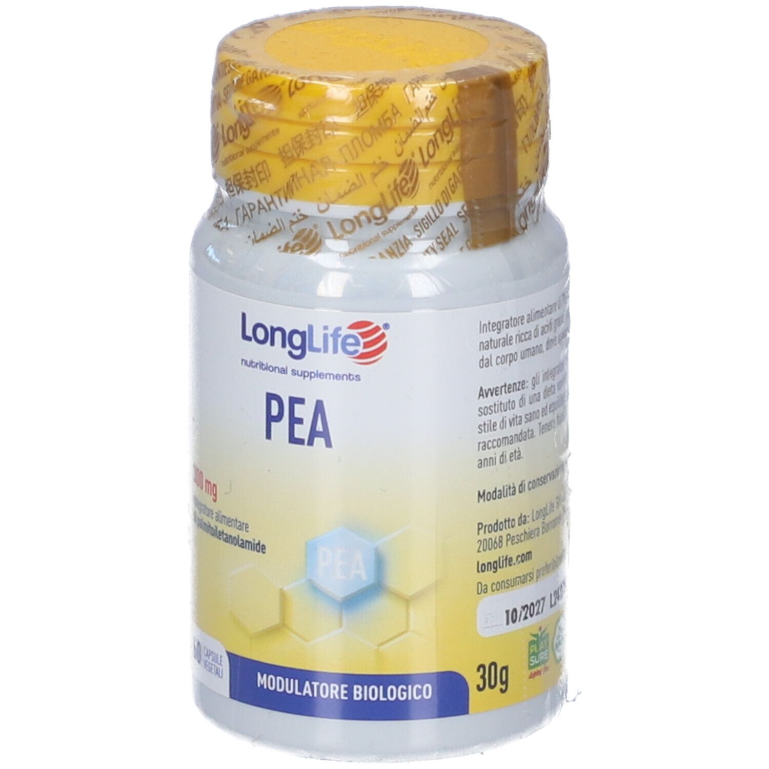 Flacon de pilules blanc avec couvercle jaune. Inscription: LongLife PEA 300 mg. 30g. Modulatore Biologico.