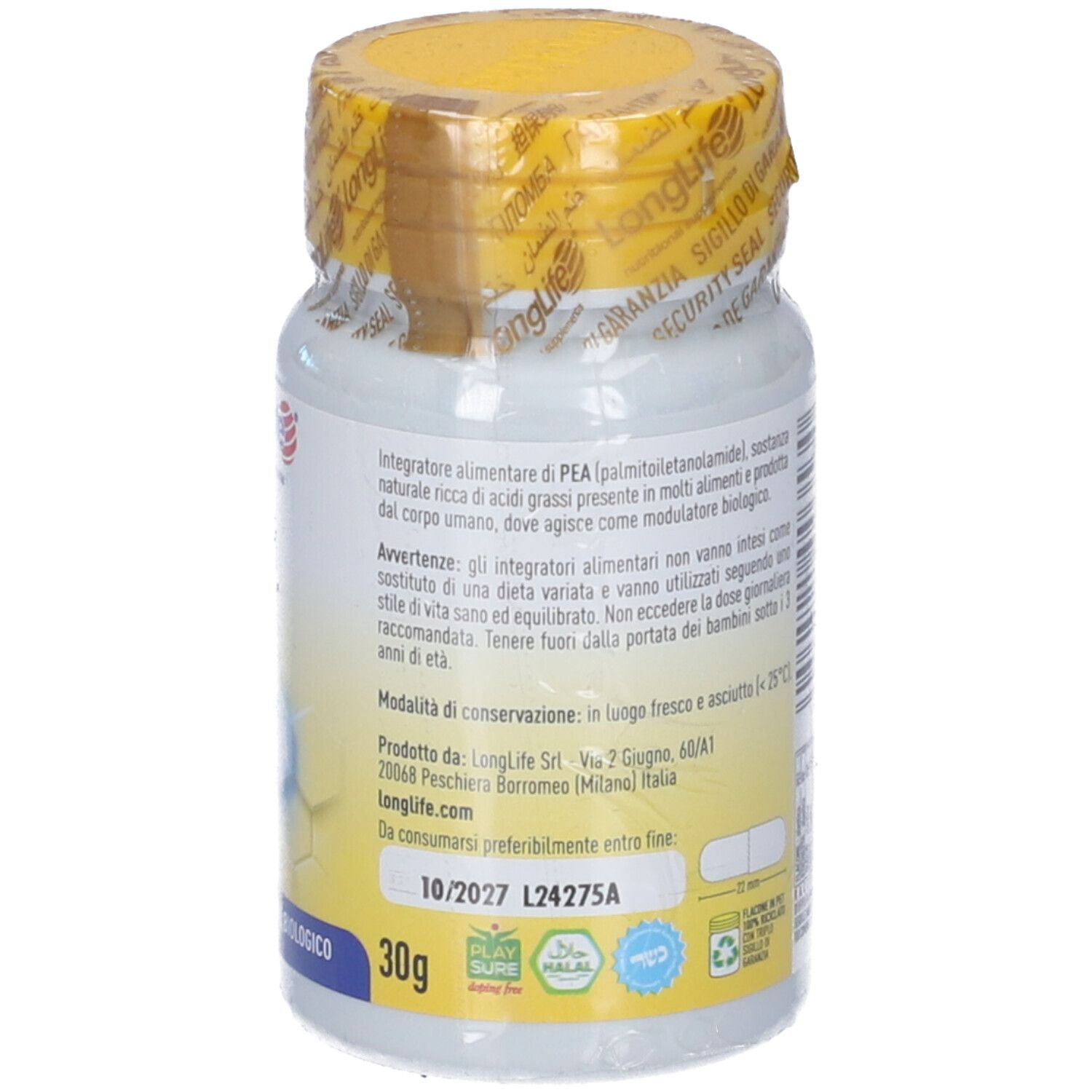 Dos de la bouteille de pilules blanche. Informations textuelles. 30g. Date de péremption 10/2027. Certification Halal.