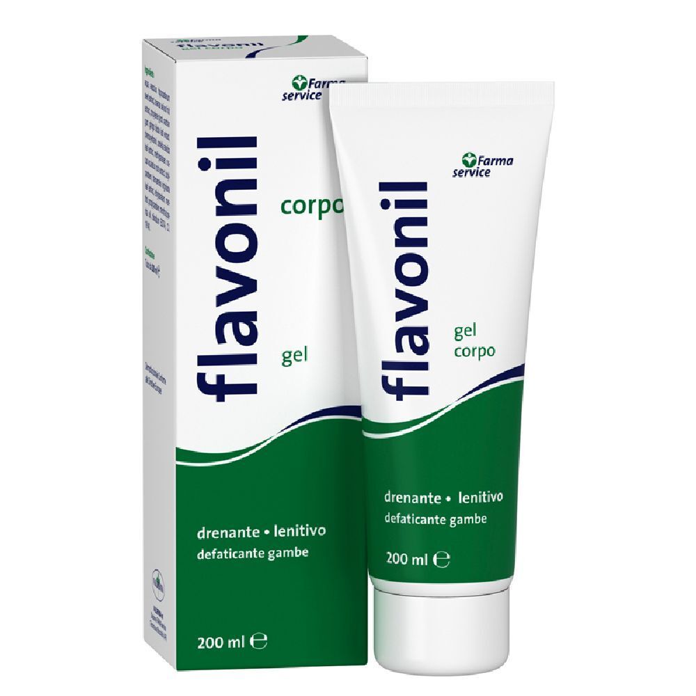 Gel blanc avec texte vert et emballage. Contient le texte: Flavonil, gel corpo, 200 ml.