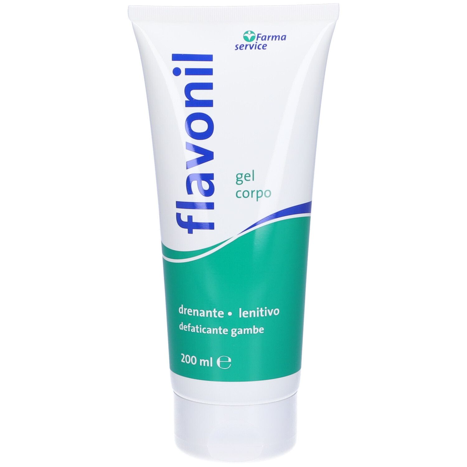 Gel blanc avec texte vert. Contient le texte: Flavonil, gel corpo, 200 ml.