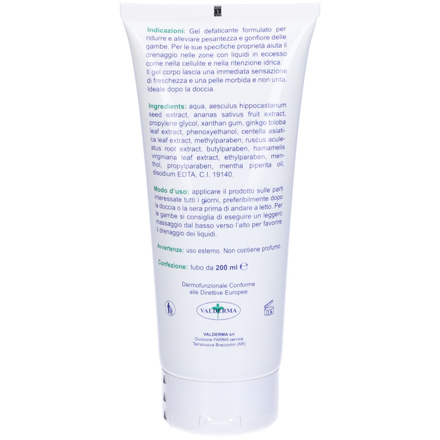 Dos du gel. Contient le texte: Ingrédients, utilisation, 200 ml.